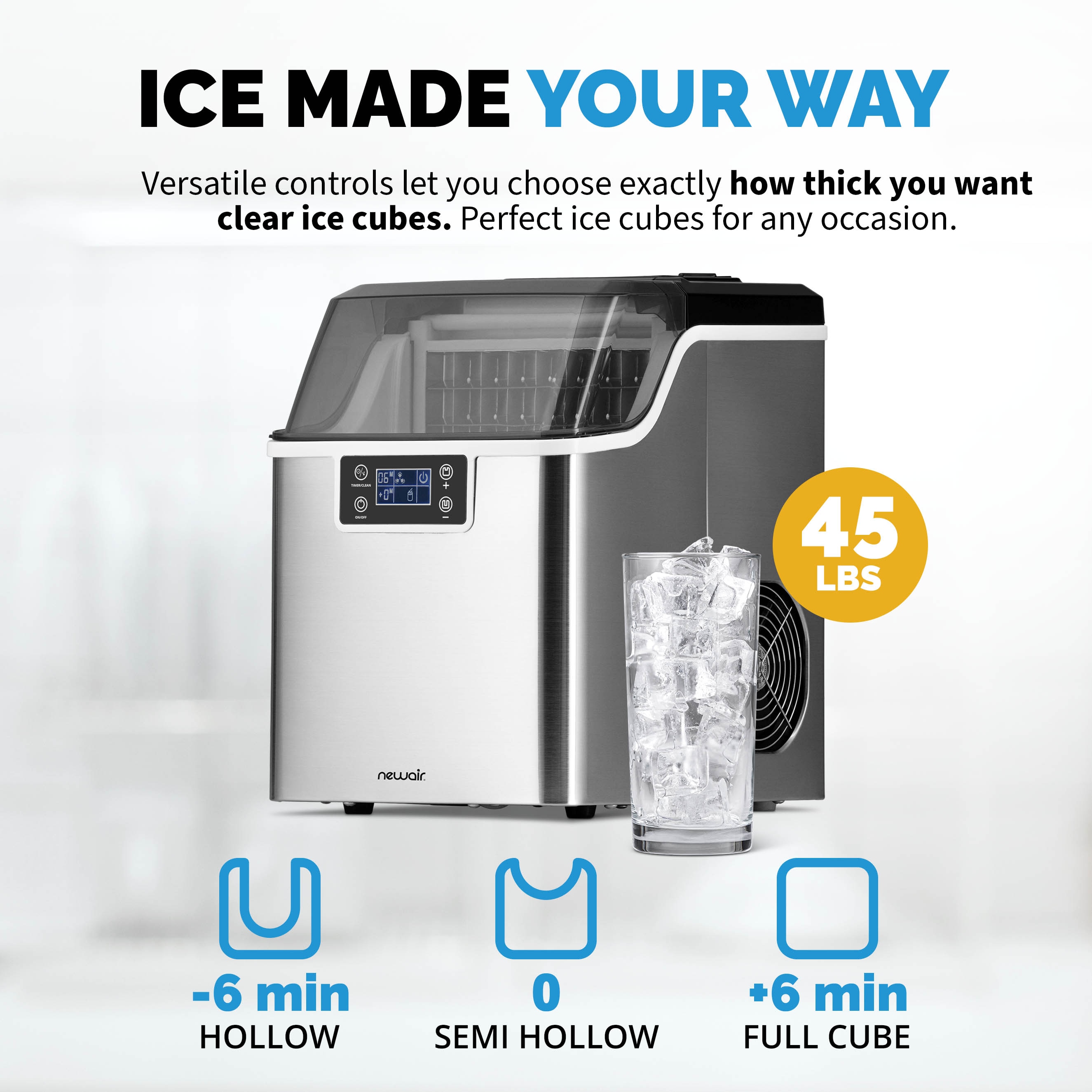 Nueva máquina para hacer hielo de 45 libras por día de mostrador o portátil (acero inoxidable) NIM045SS00