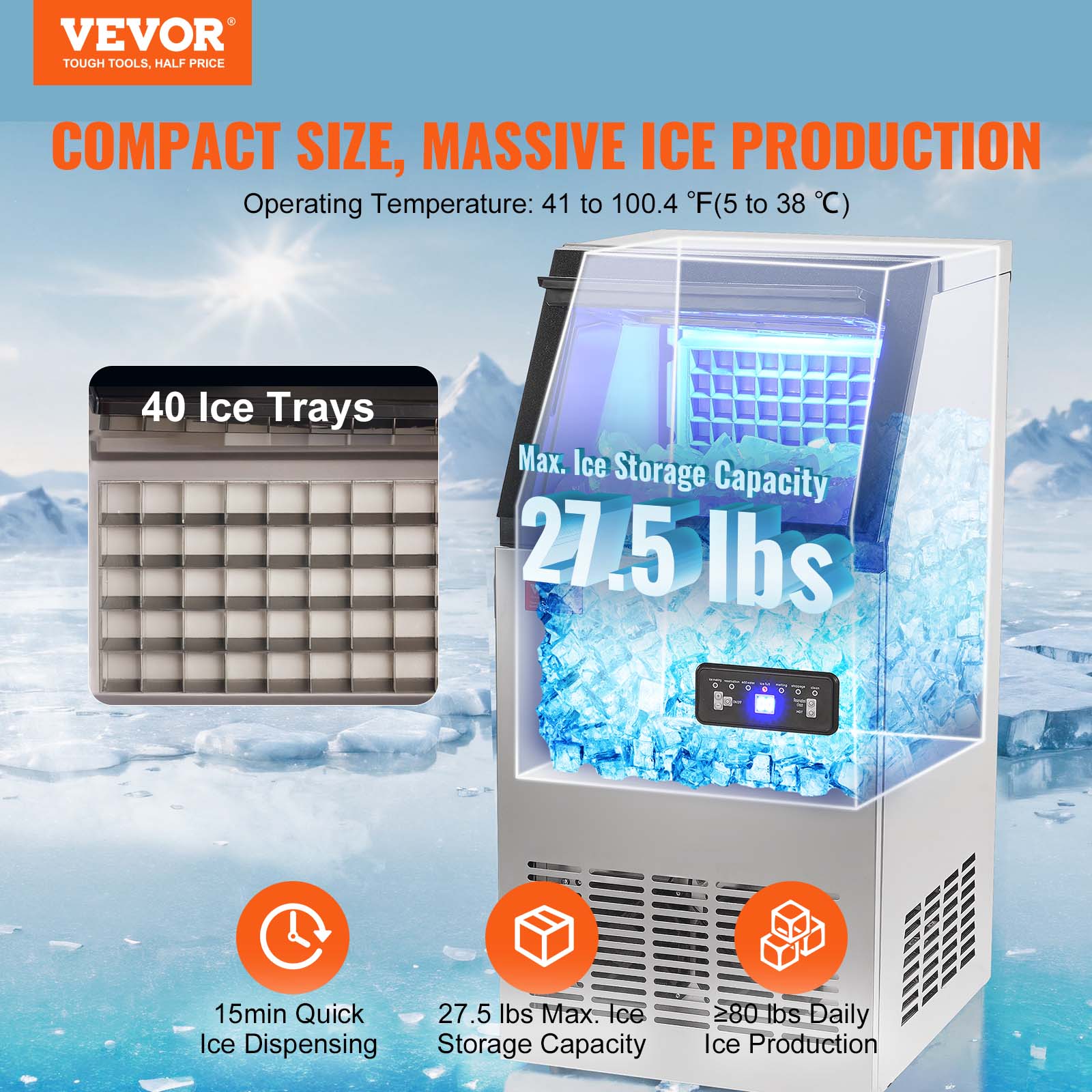 Máquina para hacer hielo con capacidad de 27.5 libras y producción de 80 libras de hielo al día, fabricada en acero inoxidable y ABS, con diseño independiente.