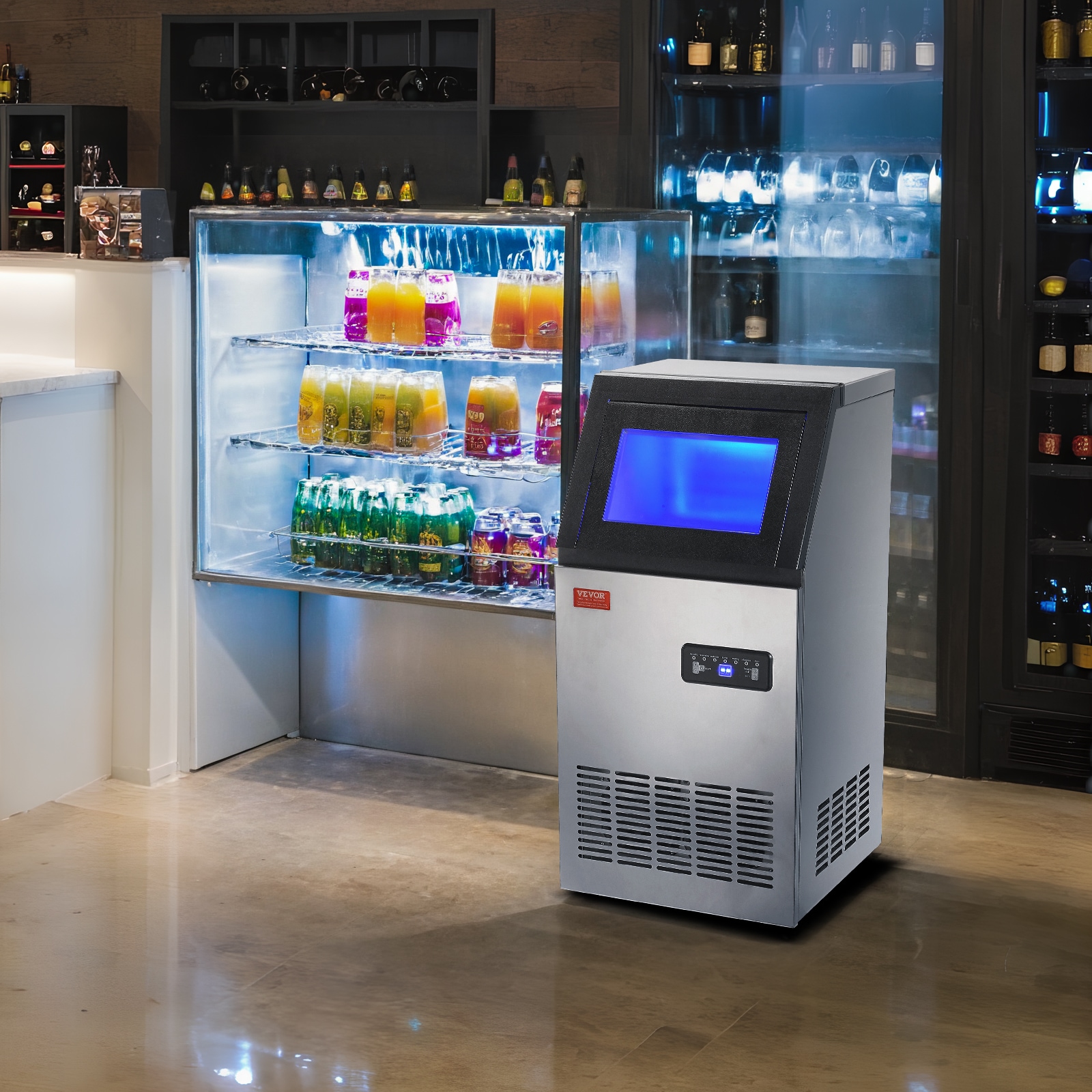 Máquina para hacer hielo con capacidad de 27.5 libras y producción de 80 libras de hielo al día, fabricada en acero inoxidable y ABS, con diseño independiente.