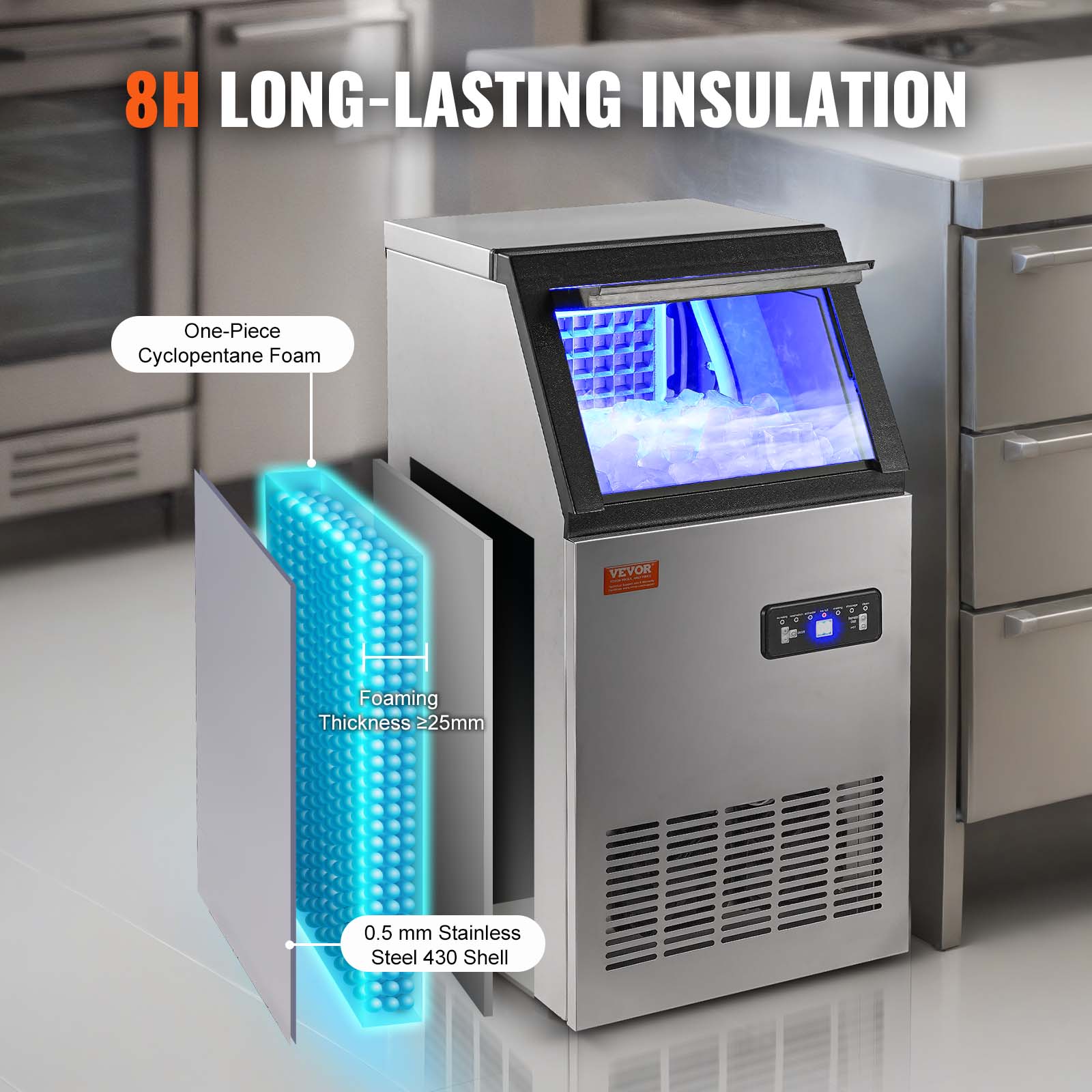 Máquina para hacer hielo con capacidad de 27.5 libras y producción de 80 libras de hielo al día, fabricada en acero inoxidable y ABS, con diseño independiente.