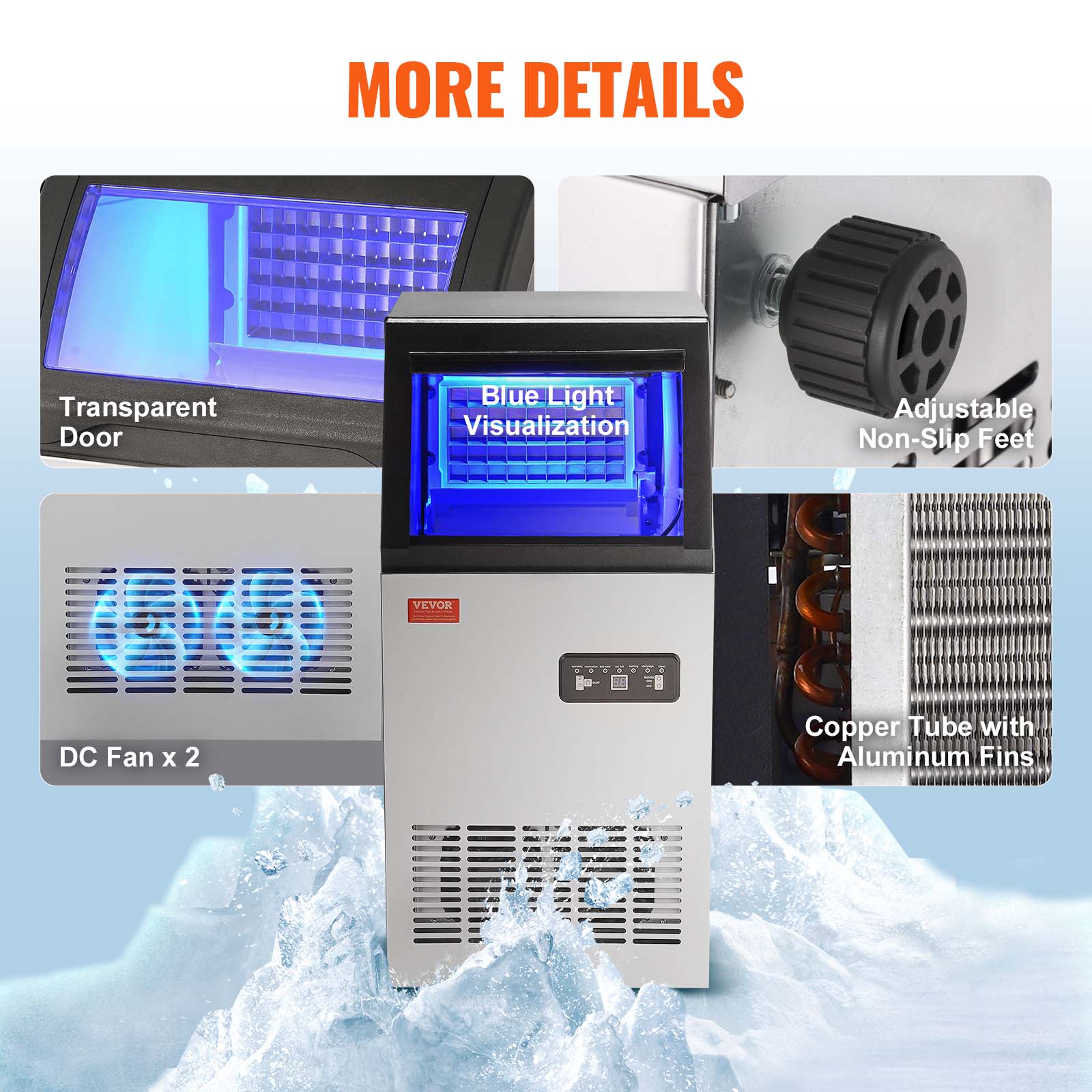 Máquina para hacer hielo con capacidad de 27.5 libras y producción de 80 libras de hielo al día, fabricada en acero inoxidable y ABS, con diseño independiente.