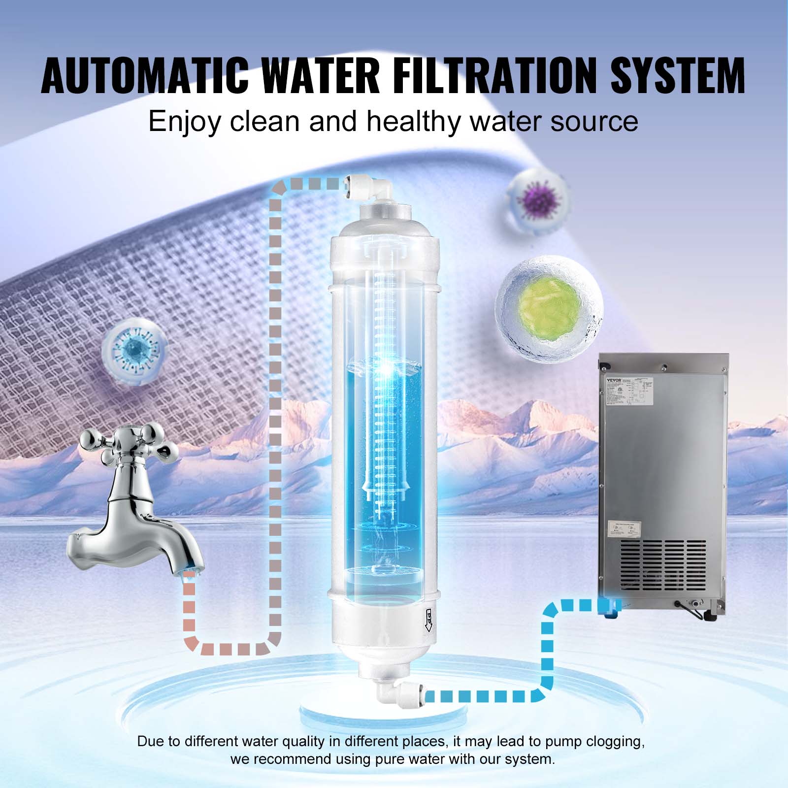 Máquina para hacer hielo con capacidad de 27.5 libras y producción de 80 libras de hielo al día, fabricada en acero inoxidable y ABS, con diseño independiente.