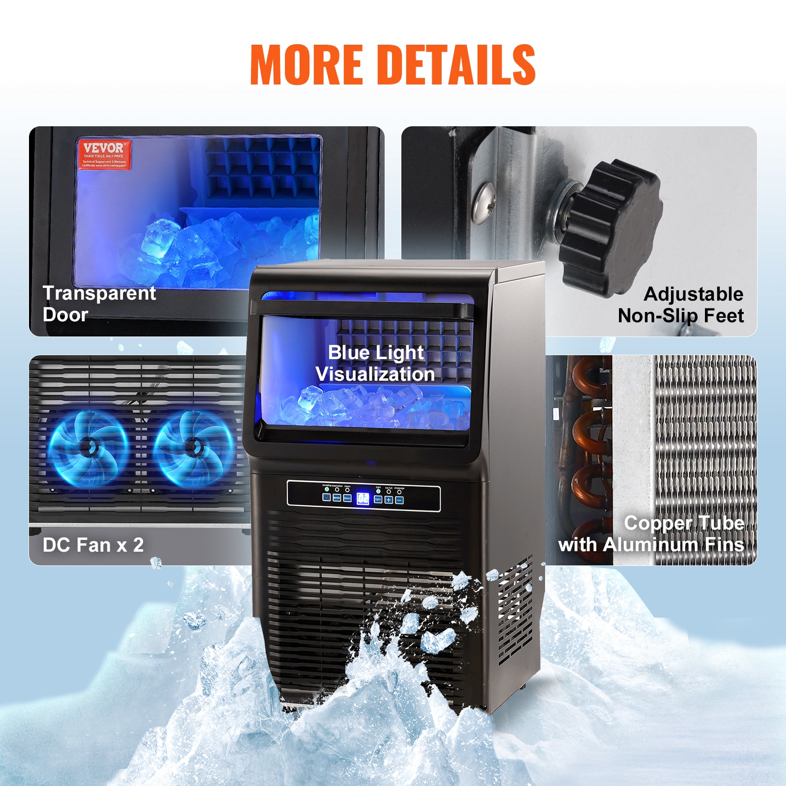 Fabricador de hielo autónomo de hielo en cubitos de 70 libras por día con capacidad de almacenamiento de 12 libras (Negro) TKJ-AT25F110VGJNVV1