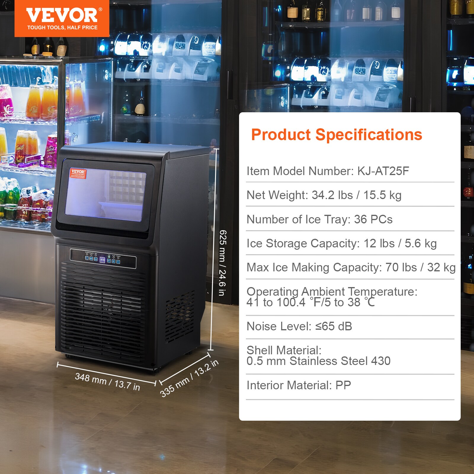 Fabricador de hielo autónomo de hielo en cubitos de 70 libras por día con capacidad de almacenamiento de 12 libras (Negro) TKJ-AT25F110VGJNVV1