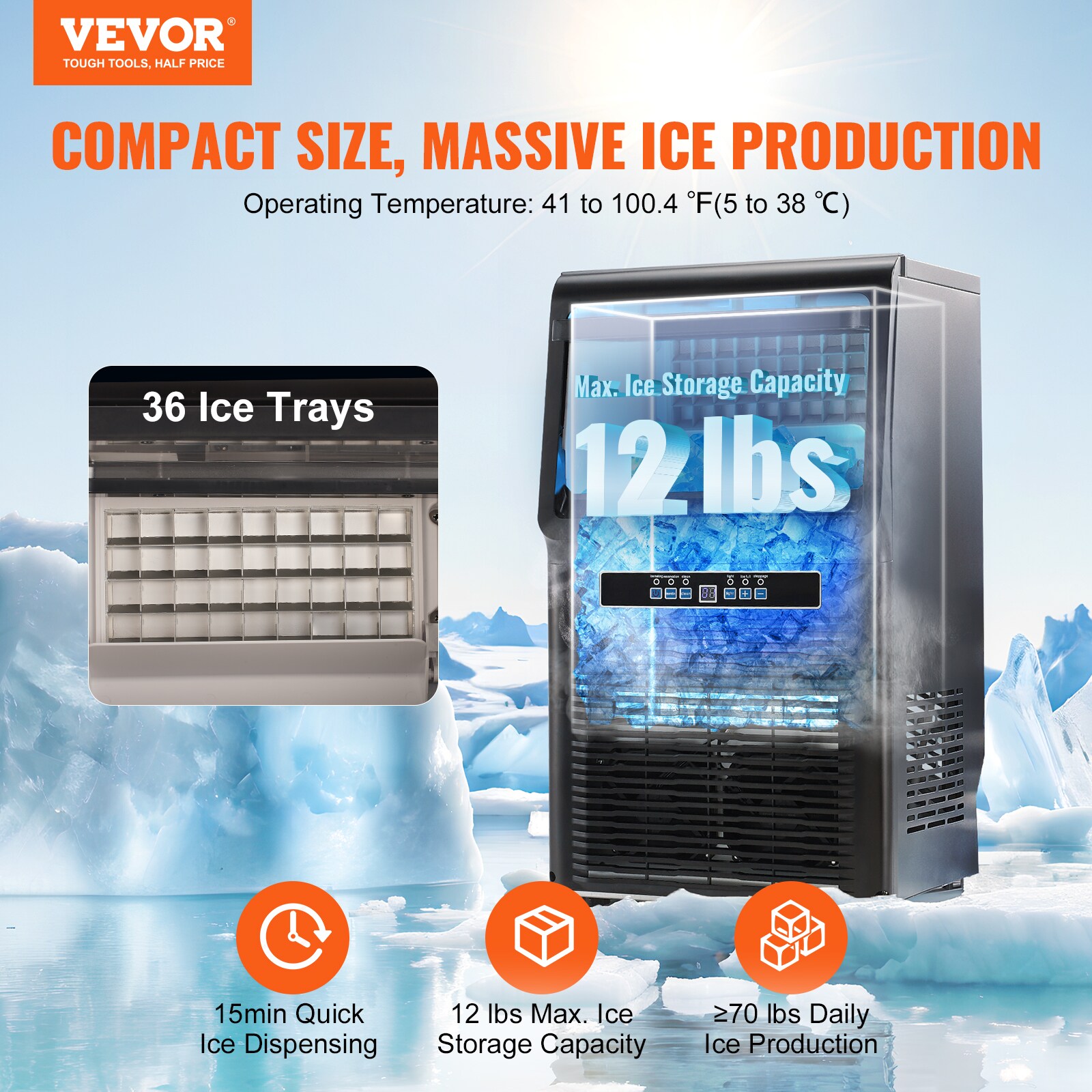 Fabricador de hielo autónomo de hielo en cubitos de 70 libras por día con capacidad de almacenamiento de 12 libras (Negro) TKJ-AT25F110VGJNVV1