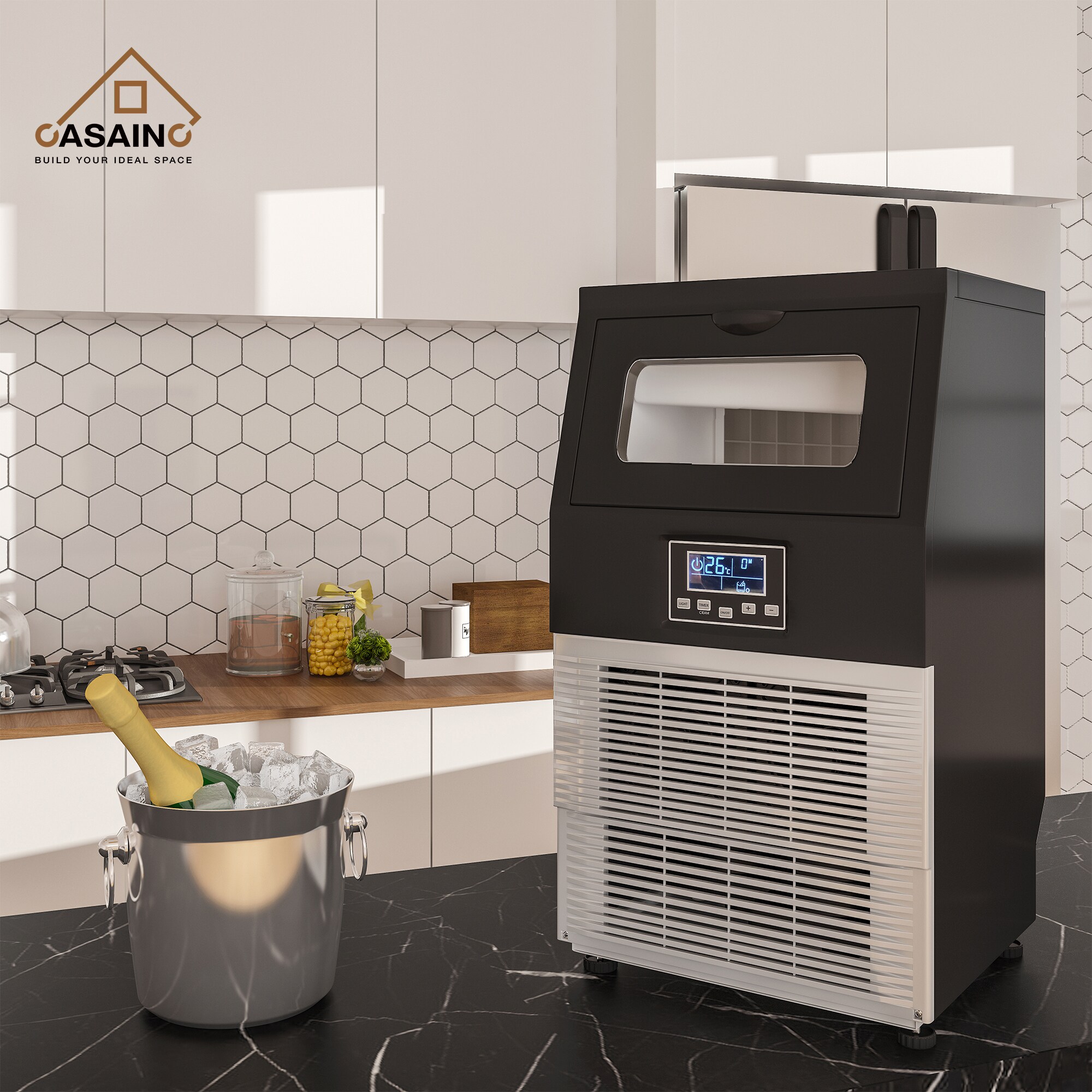 Máquina para hacer hielo en cubos con puerta abatible Sumyeg de pie, 66 libras de hielo al día, para instalar de pie o empotrada (plateado) MRS-ES199474AAN.