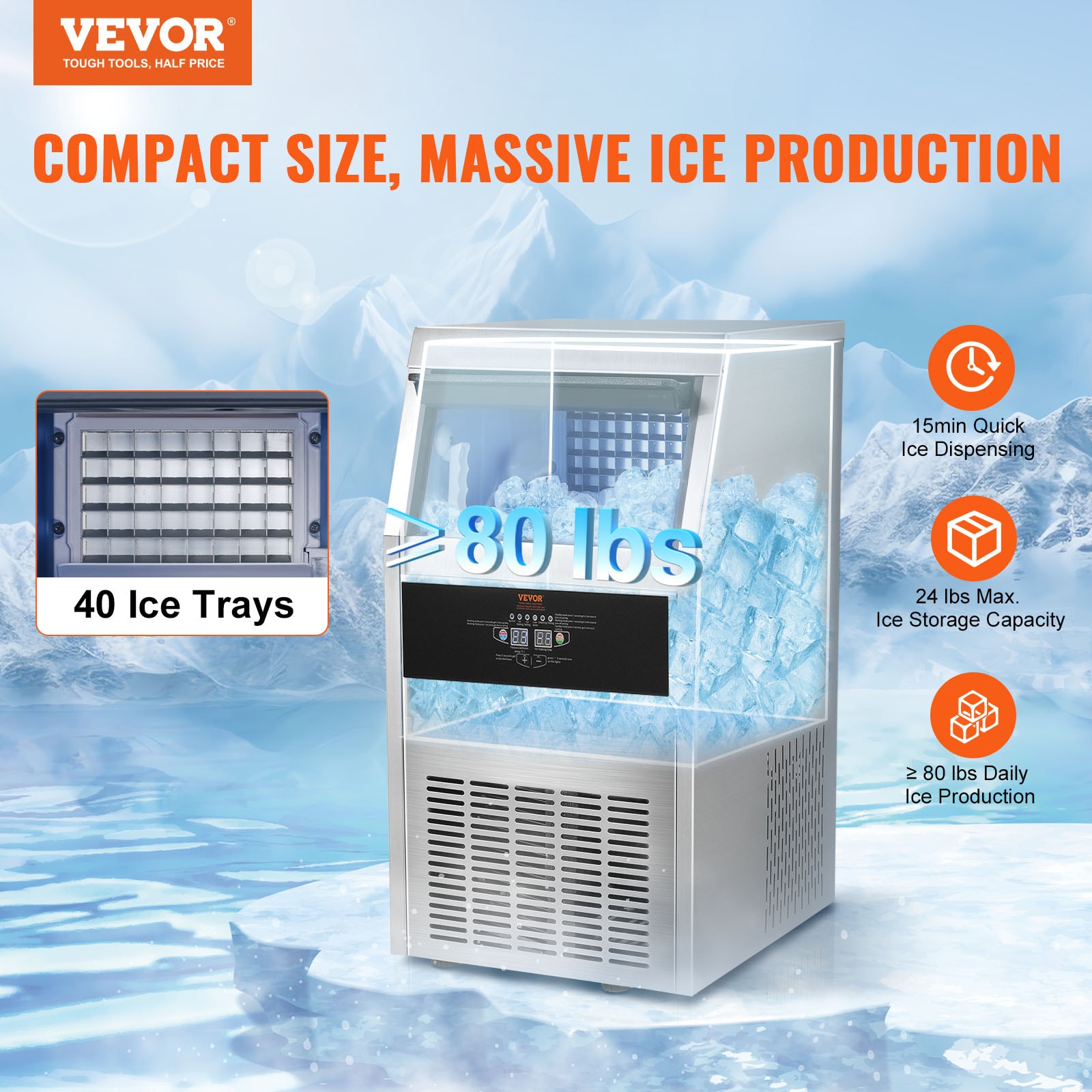 Fabricador de hielo independiente de 24 libras de capacidad, hace 80 libras de hielo al día, con hielo en cubos de 0.6 mm de acero inoxidable SUS 430