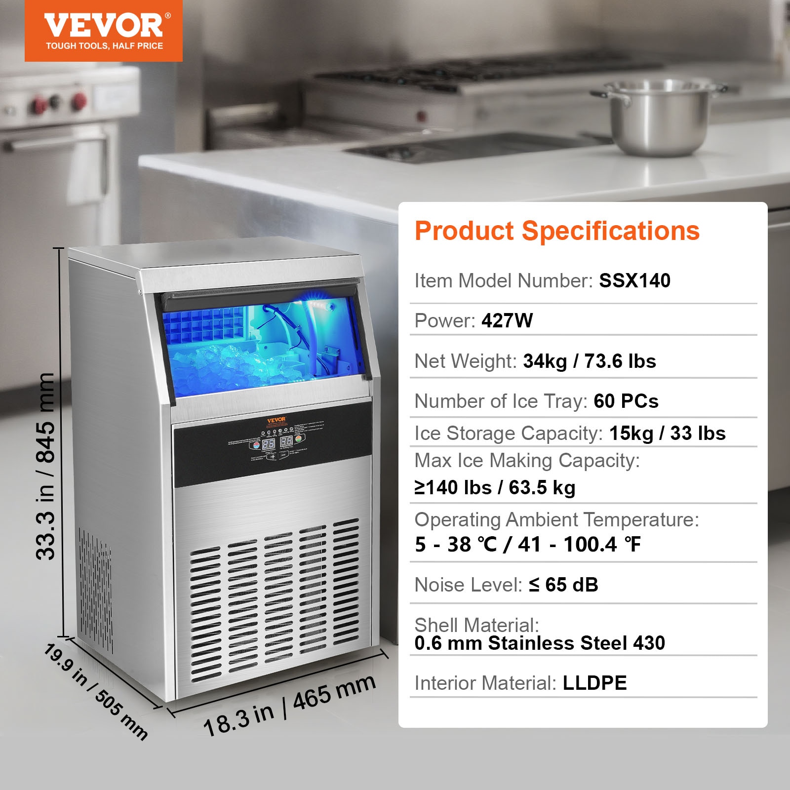 Fabricador de Hielo de Almacenamiento de 33 libras 140 libras de Hielo al Día Fabricador de Hielo Autónomo de Hielo Cúbico (Aluminio Fundido con Recubrimiento de Cromo) QPJ12JK-300A60HZ1V1