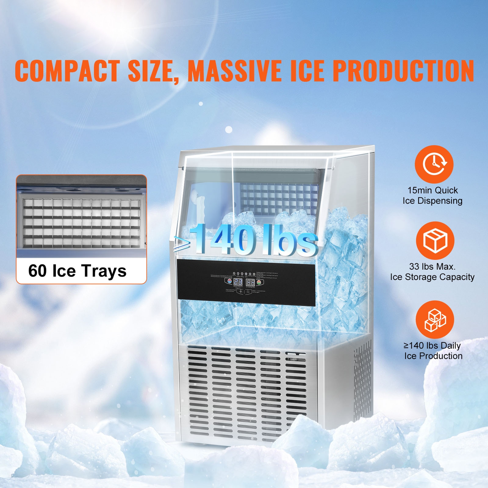 Fabricador de Hielo de Almacenamiento de 33 libras 140 libras de Hielo al Día Fabricador de Hielo Autónomo de Hielo Cúbico (Aluminio Fundido con Recubrimiento de Cromo) QPJ12JK-300A60HZ1V1