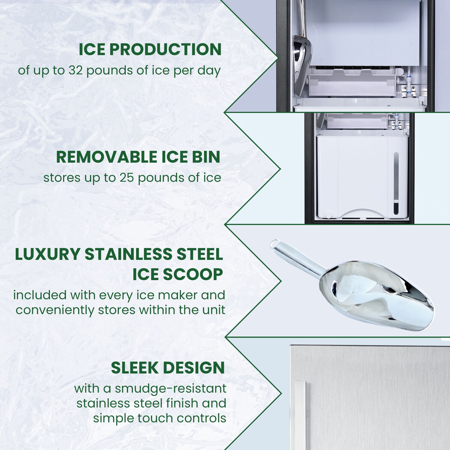 Fabricador de hielo de 32 libras por día que produce hielo en cubos/triturado con capacidad de estar de pie (acero inoxidable) HIM60701-6SS