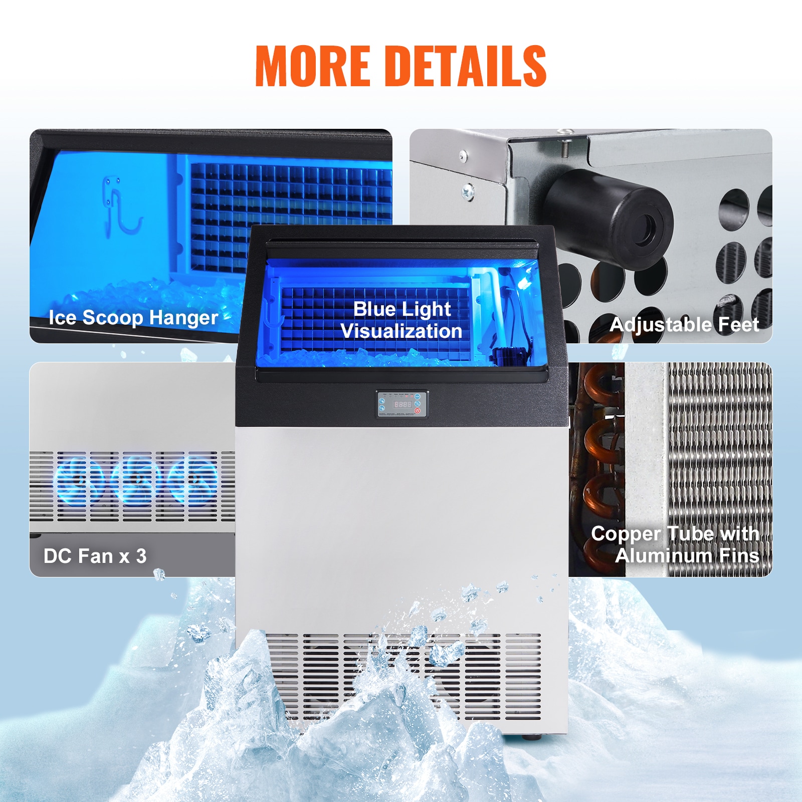 Fabricador de hielo autónomo de almacenamiento de 88 libras con capacidad de producir 265 libras de hielo al día - Fabricador de hielo en cubitos de pie libre (0.4 mm SUS410) FBZBJSKF-E150F001V1