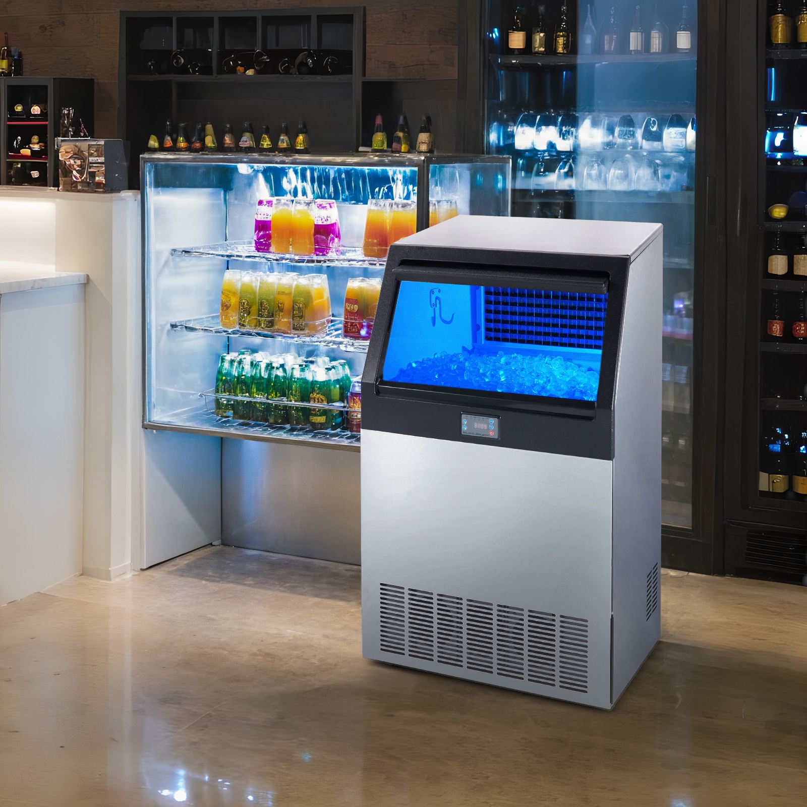 Fabricador de hielo autónomo de almacenamiento de 88 libras con capacidad de producir 265 libras de hielo al día - Fabricador de hielo en cubitos de pie libre (0.4 mm SUS410) FBZBJSKF-E150F001V1