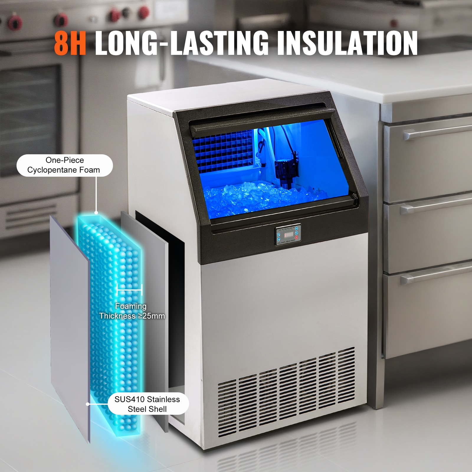 Fabricador de hielo autónomo de almacenamiento de 88 libras con capacidad de producir 265 libras de hielo al día - Fabricador de hielo en cubitos de pie libre (0.4 mm SUS410) FBZBJSKF-E150F001V1