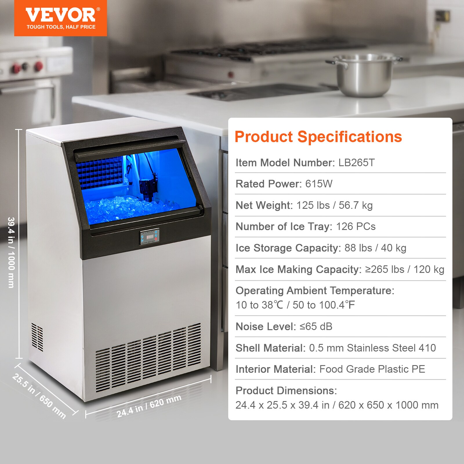 Fabricador de hielo autónomo de almacenamiento de 88 libras con capacidad de producir 265 libras de hielo al día - Fabricador de hielo en cubitos de pie libre (0.4 mm SUS410) FBZBJSKF-E150F001V1