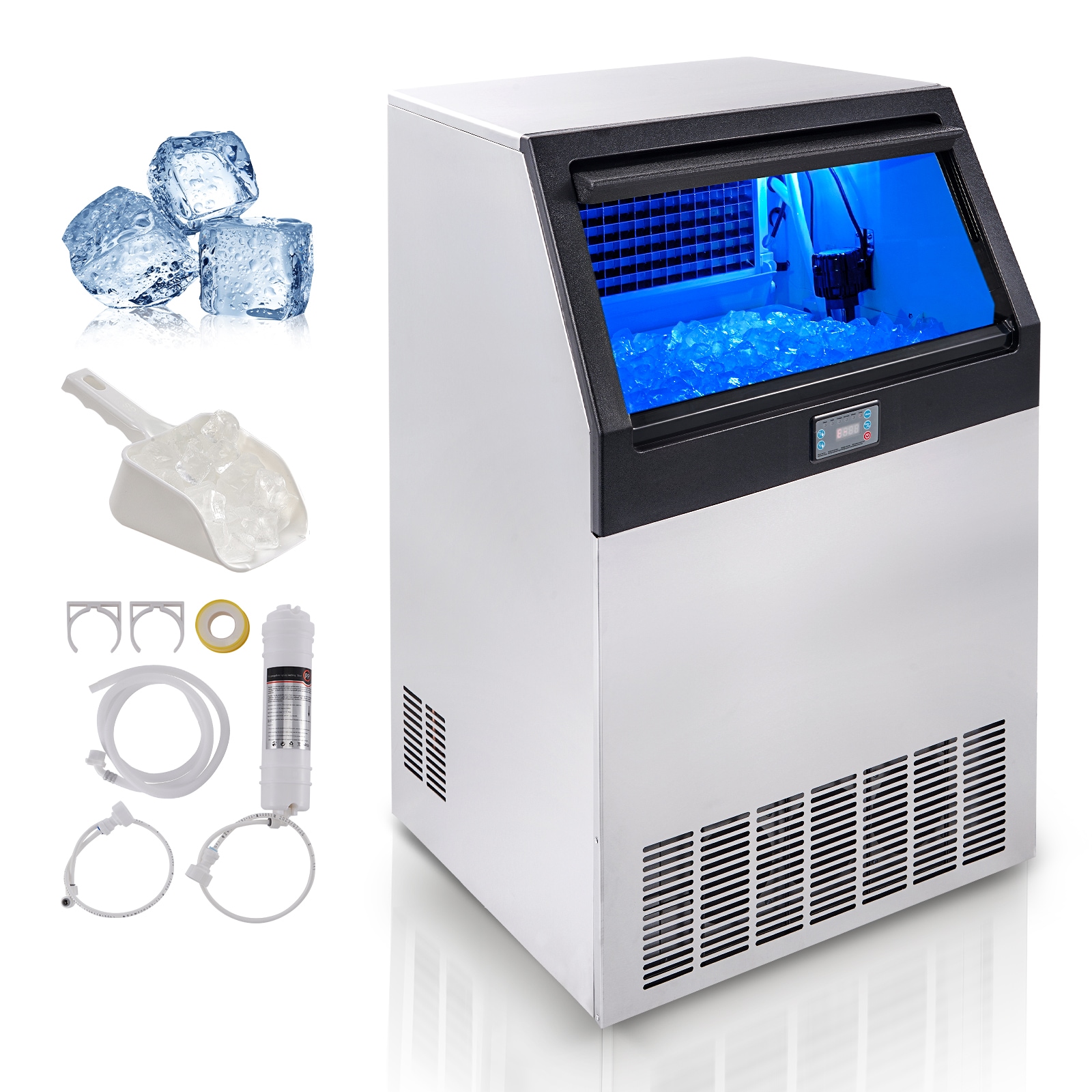 Fabricador de hielo autónomo de almacenamiento de 88 libras con capacidad de producir 265 libras de hielo al día - Fabricador de hielo en cubitos de pie libre (0.4 mm SUS410) FBZBJSKF-E150F001V1