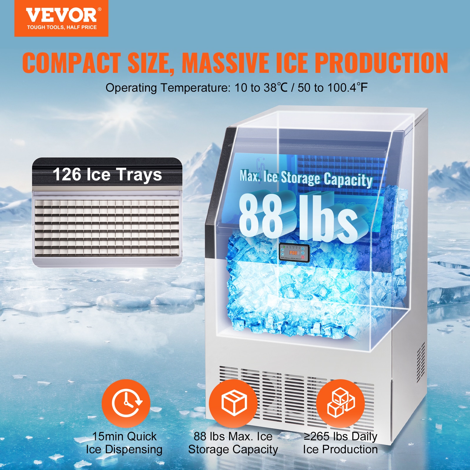 Fabricador de hielo autónomo de almacenamiento de 88 libras con capacidad de producir 265 libras de hielo al día - Fabricador de hielo en cubitos de pie libre (0.4 mm SUS410) FBZBJSKF-E150F001V1