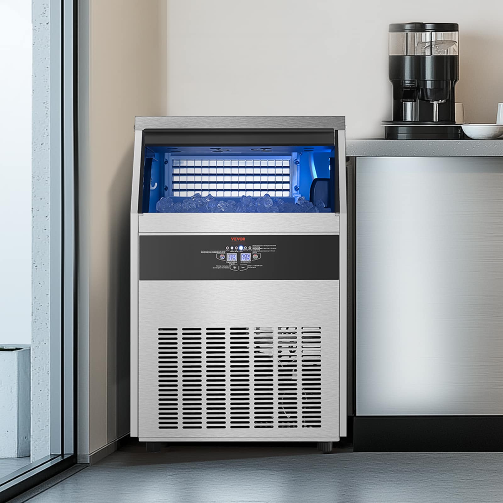 Fabricador de Hielo Autónomo de Cubitos de Acero Inoxidable + PP de 66 LBS de Almacenamiento, Produce 160 lbs de Hielo al Día
