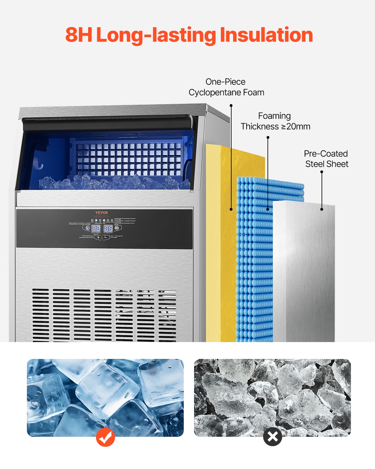 Fabricador de Hielo Autónomo de Cubitos de Acero Inoxidable + PP de 66 LBS de Almacenamiento, Produce 160 lbs de Hielo al Día