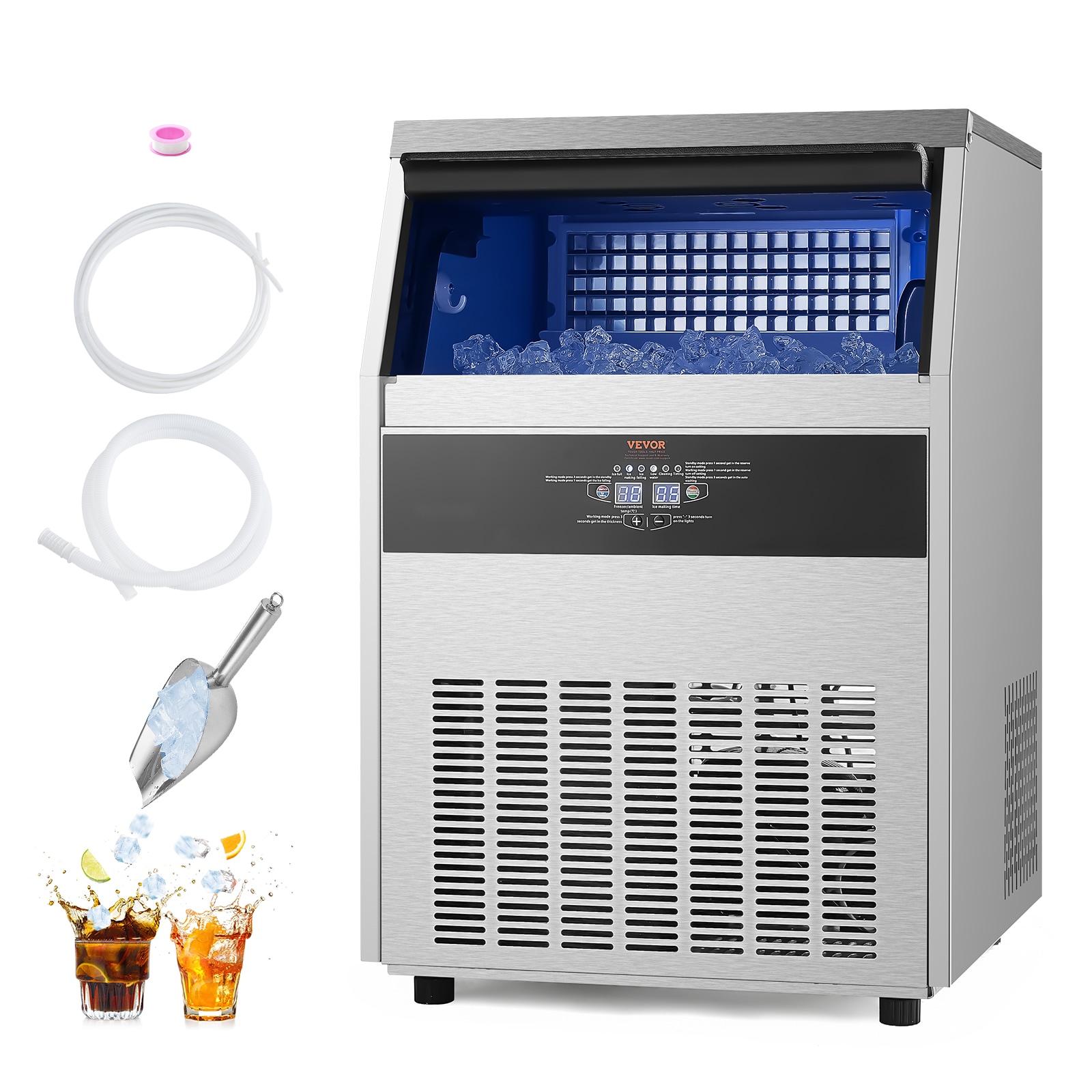 Fabricador de Hielo Autónomo de Cubitos de Acero Inoxidable + PP de 66 LBS de Almacenamiento, Produce 160 lbs de Hielo al Día