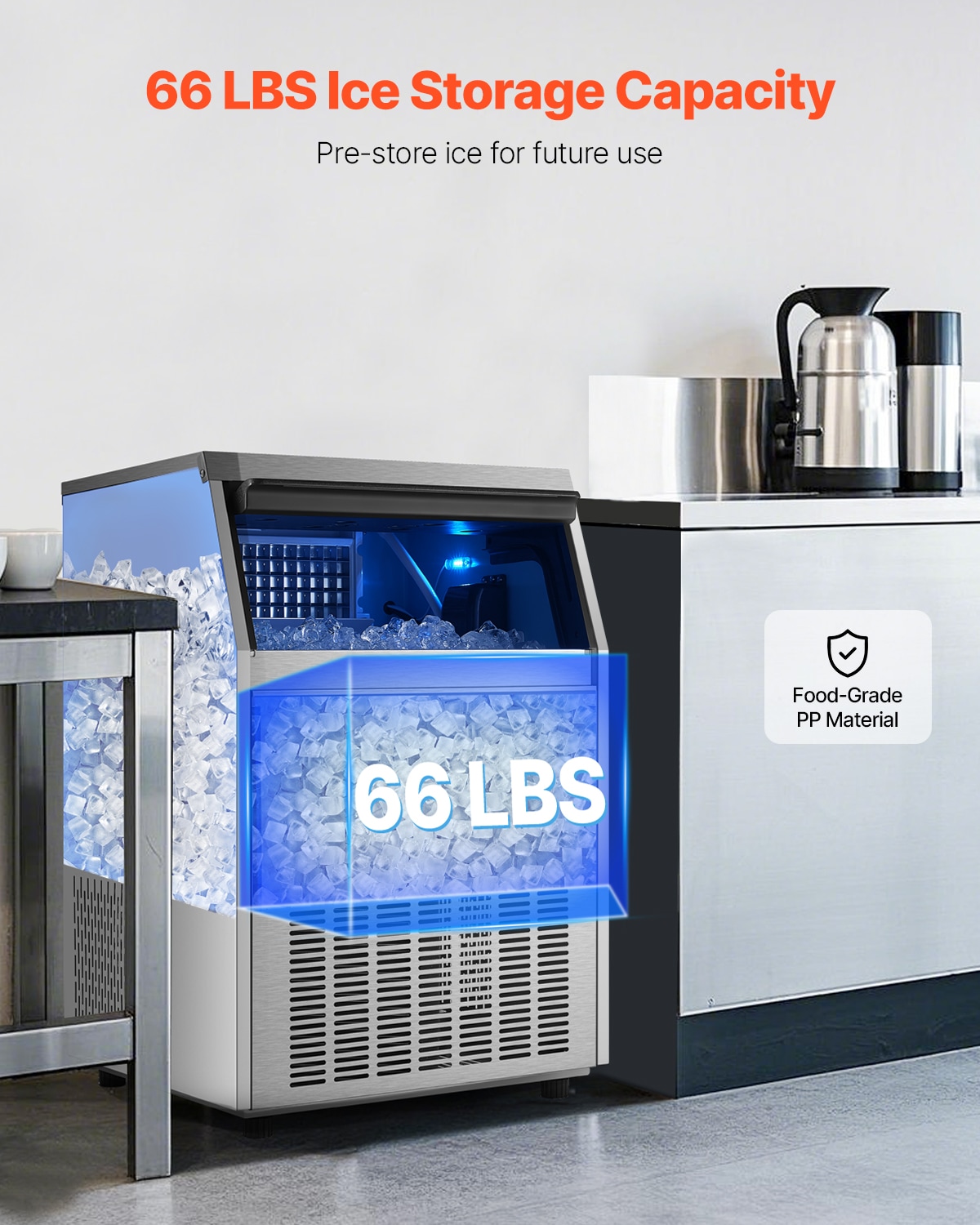 Fabricador de Hielo Autónomo de Cubitos de Acero Inoxidable + PP de 66 LBS de Almacenamiento, Produce 160 lbs de Hielo al Día