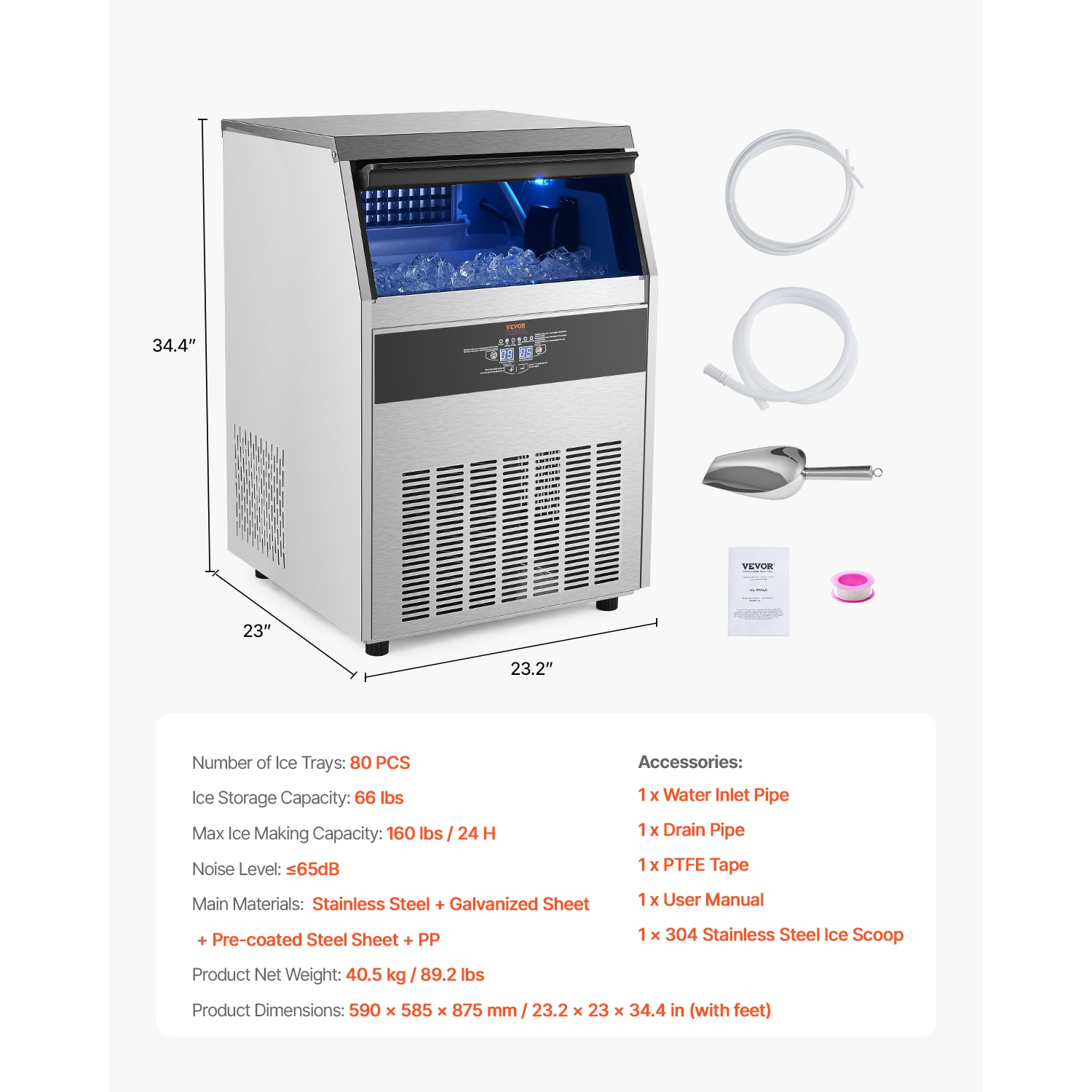 Fabricador de Hielo Autónomo de Cubitos de Acero Inoxidable + PP de 66 LBS de Almacenamiento, Produce 160 lbs de Hielo al Día