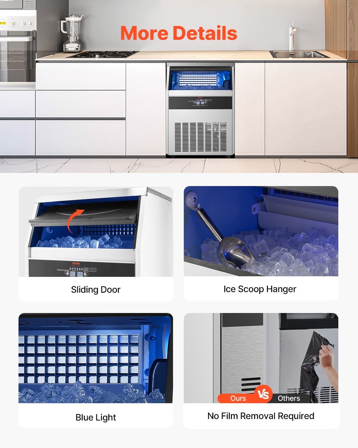 Fabricador de Hielo Autónomo de Cubitos de Acero Inoxidable + PP de 66 LBS de Almacenamiento, Produce 160 lbs de Hielo al Día
