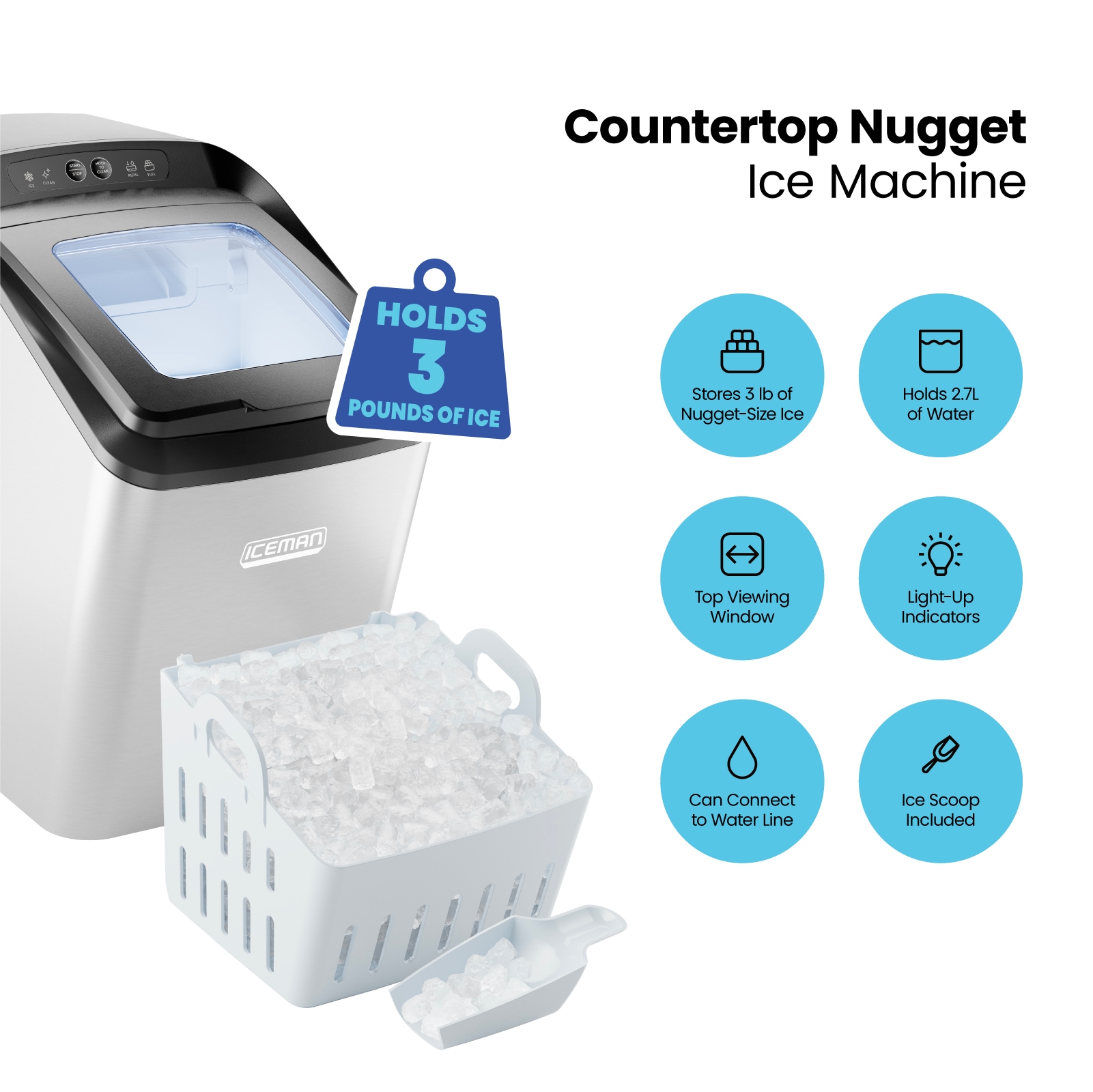 Máquina para hacer hielo de 26 libras por día Chefman Iceman, para la encimera o portátil, fabricador de hielo de cúmulos/grava (acero inoxidable) RJ56-D-2