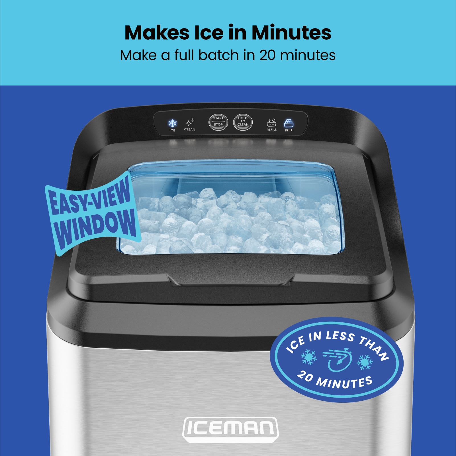 Máquina para hacer hielo de 26 libras por día Chefman Iceman, para la encimera o portátil, fabricador de hielo de cúmulos/grava (acero inoxidable) RJ56-D-2