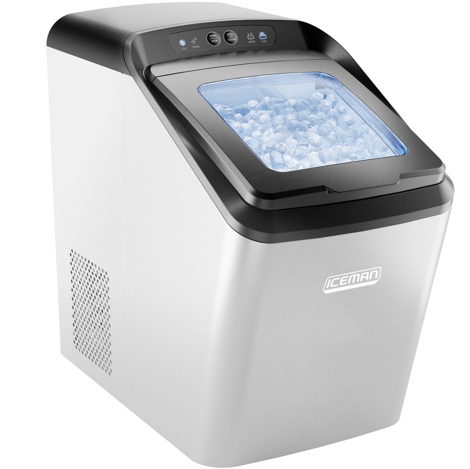 Máquina para hacer hielo de 26 libras por día Chefman Iceman, para la encimera o portátil, fabricador de hielo de cúmulos/grava (acero inoxidable) RJ56-D-2
