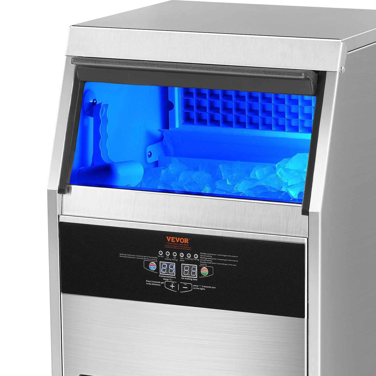 Hacedor de hielo para almacenamiento de 33 libras - 100 libras de hielo al día - Hacedor de hielo de cubitos independiente (acero inoxidable 430 de 0.6 mm)