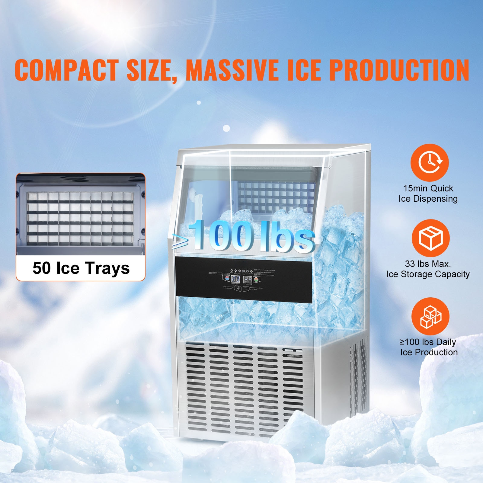 Hacedor de hielo para almacenamiento de 33 libras - 100 libras de hielo al día - Hacedor de hielo de cubitos independiente (acero inoxidable 430 de 0.6 mm)
