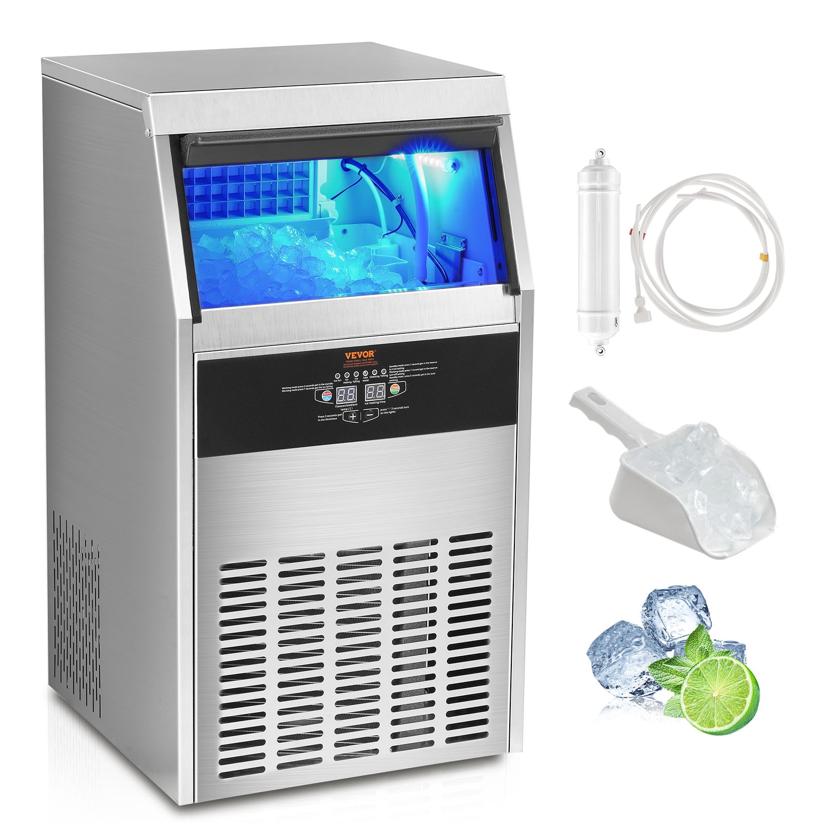 Hacedor de hielo para almacenamiento de 33 libras - 100 libras de hielo al día - Hacedor de hielo de cubitos independiente (acero inoxidable 430 de 0.6 mm)