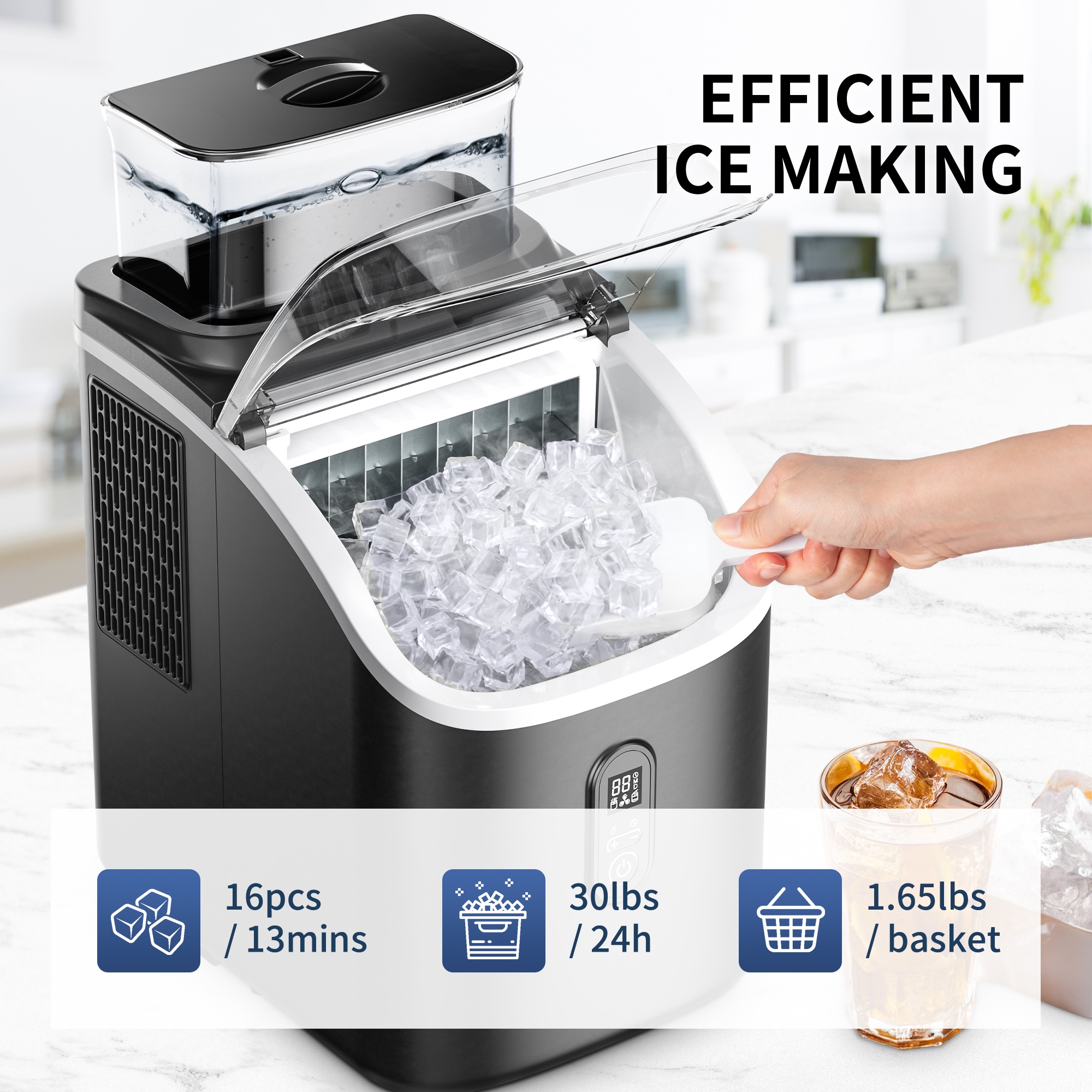 Hacedor de hielo portátil de 30 libras por día para mostrador o portátil (Negro) IM-F