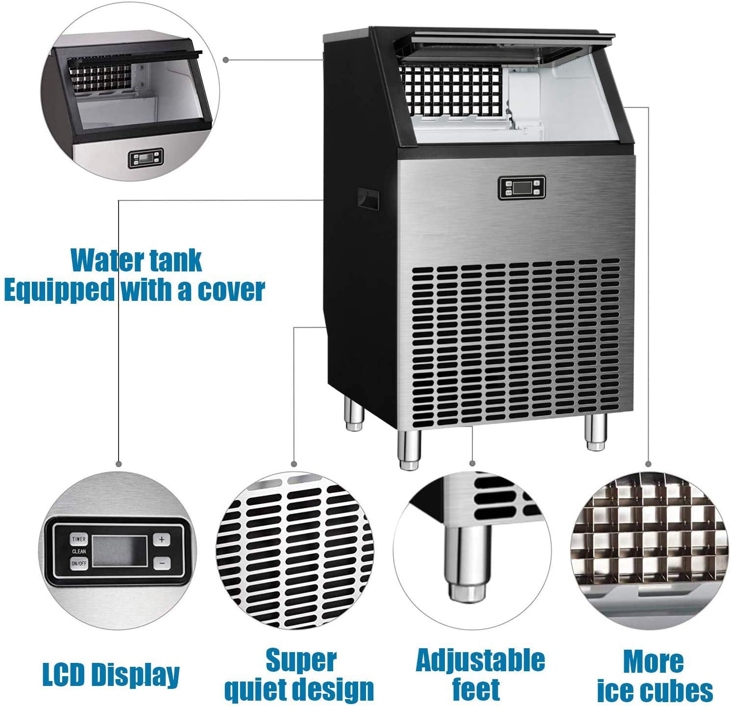 Almacenamiento de hielo de 48 libras con capacidad para producir 200 libras de hielo al día - Fabricador de hielo en cubos de acero inoxidable (Cowsar)