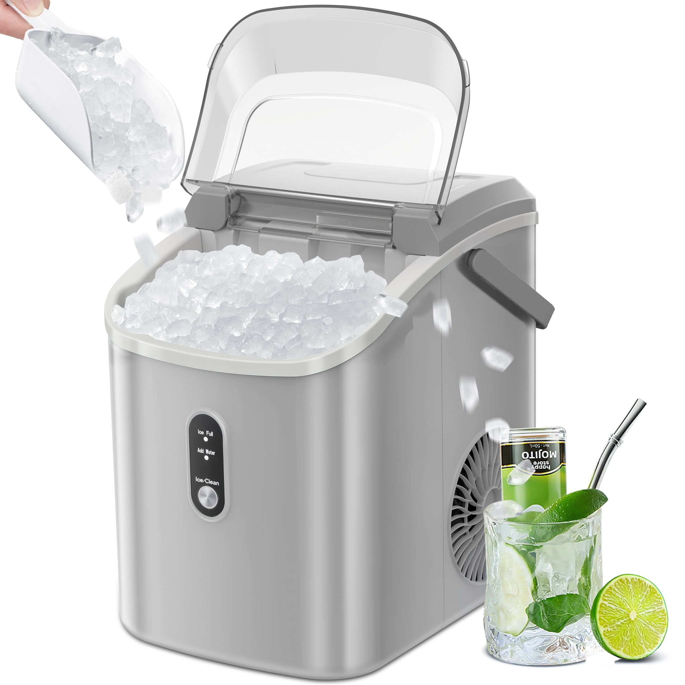 Máquina para hacer hielo de Nugget/Pebble de 34 libras por día para colocar en la encimera o portátil (Gris) Z580023