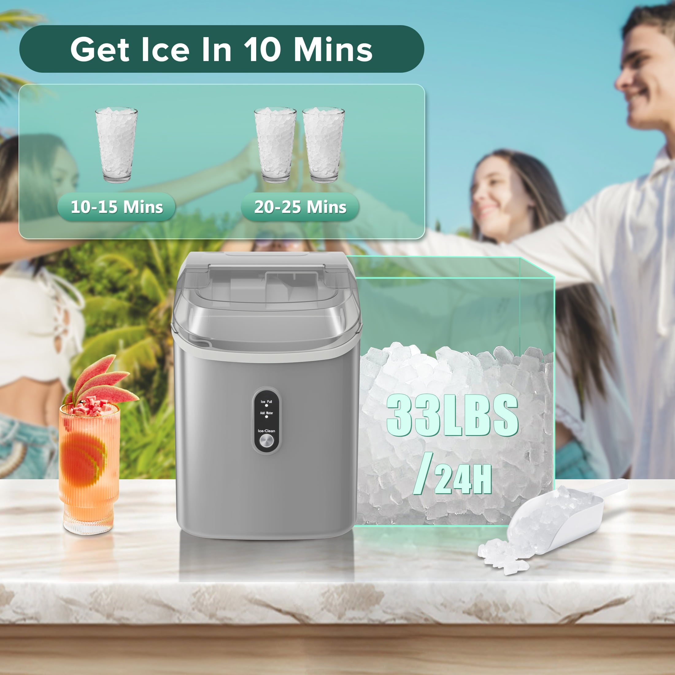 Máquina para hacer hielo de Nugget/Pebble de 34 libras por día para colocar en la encimera o portátil (Gris) Z580023