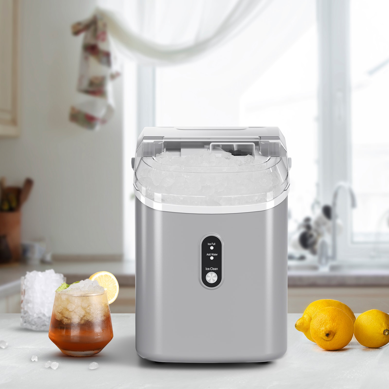 Máquina para hacer hielo de Nugget/Pebble de 34 libras por día para colocar en la encimera o portátil (Gris) Z580023