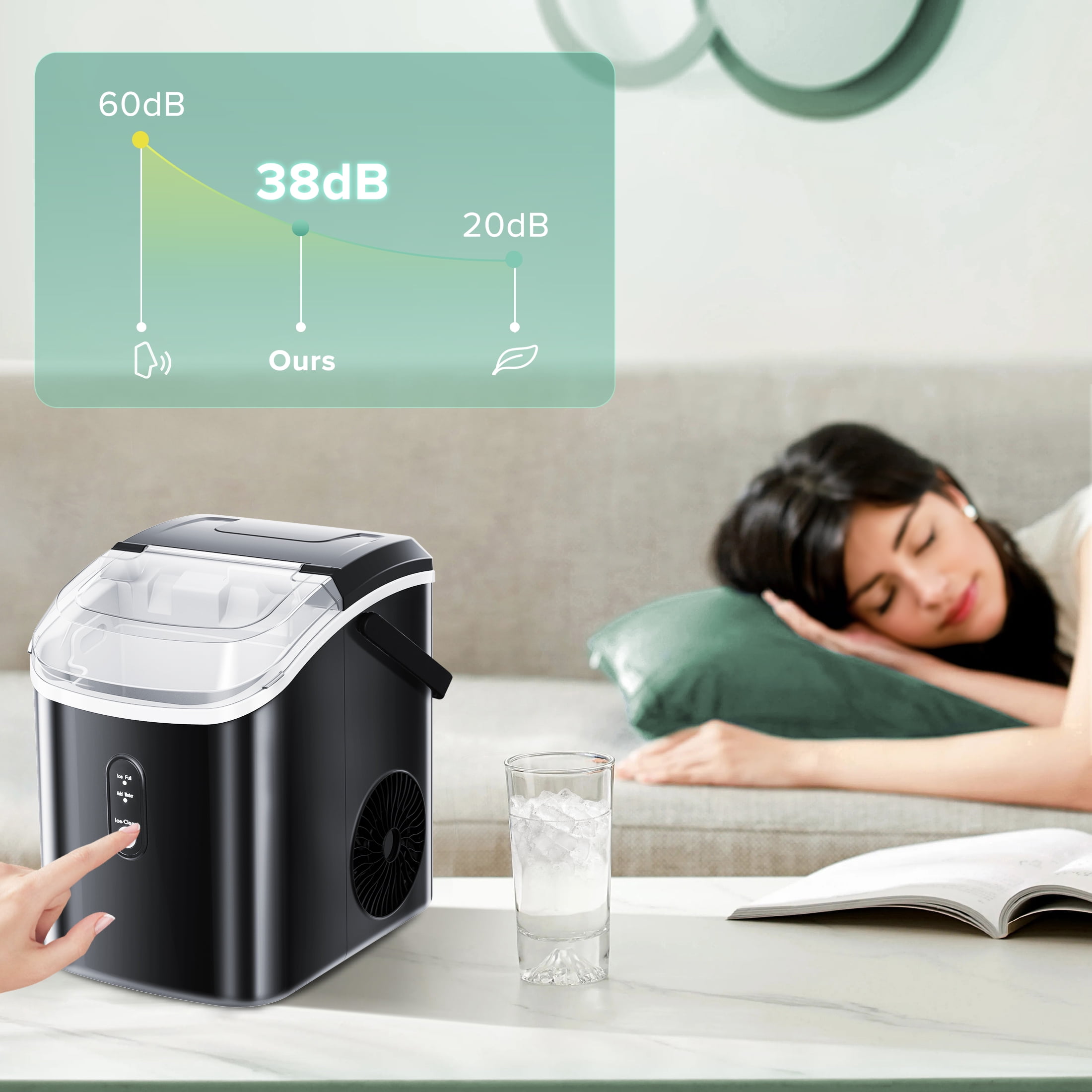 Fabricador de hielo portátil de cubitos/pepitas de hielo de 34 libras al día para encimera o portátil (Negro) Z580022