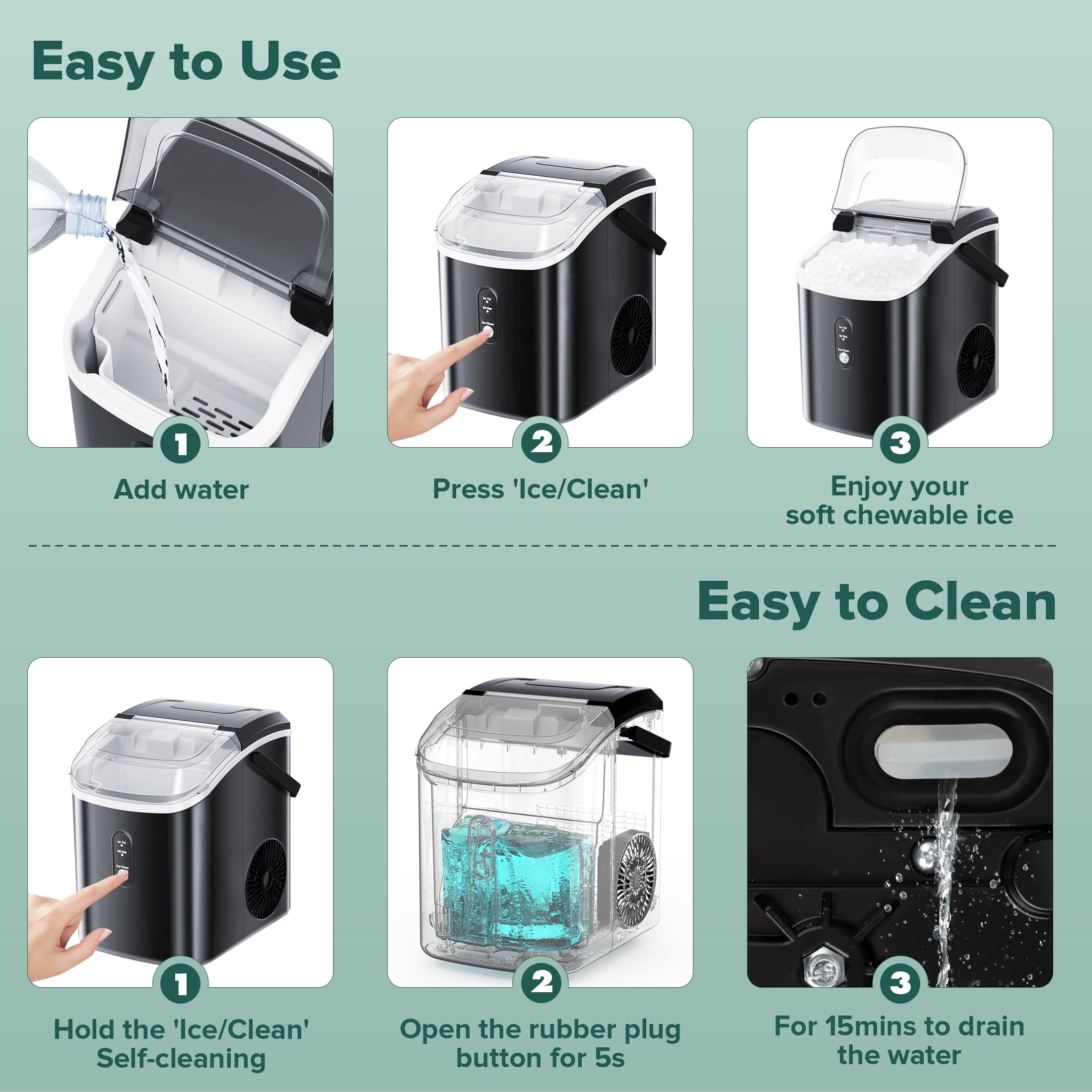Fabricador de hielo portátil de cubitos/pepitas de hielo de 34 libras al día para encimera o portátil (Negro) Z580022