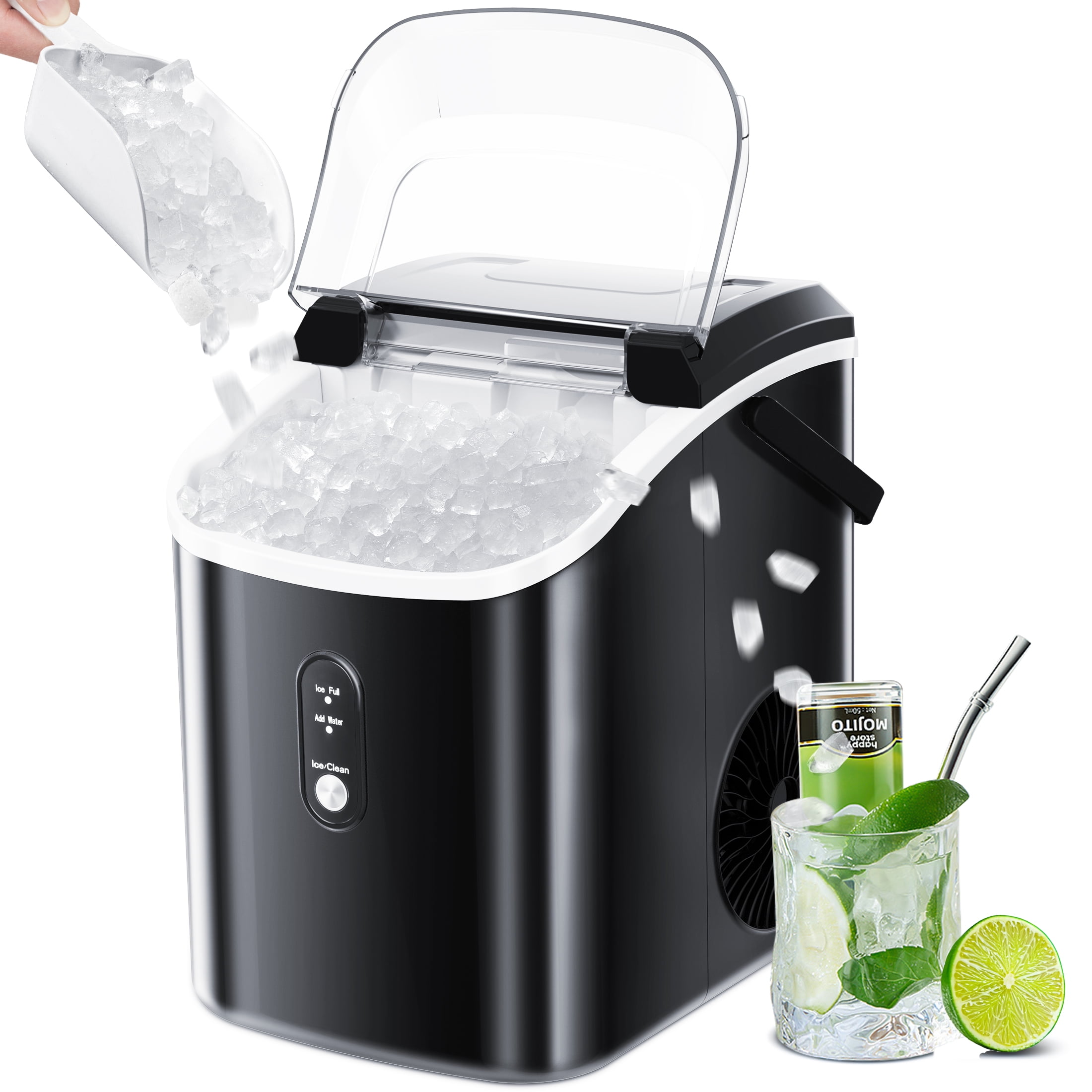 Fabricador de hielo portátil de cubitos/pepitas de hielo de 34 libras al día para encimera o portátil (Negro) Z580022