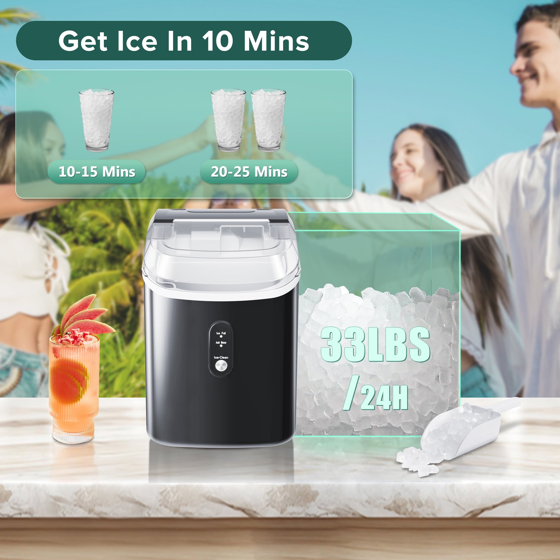 Fabricador de hielo portátil de cubitos/pepitas de hielo de 34 libras al día para encimera o portátil (Negro) Z580022