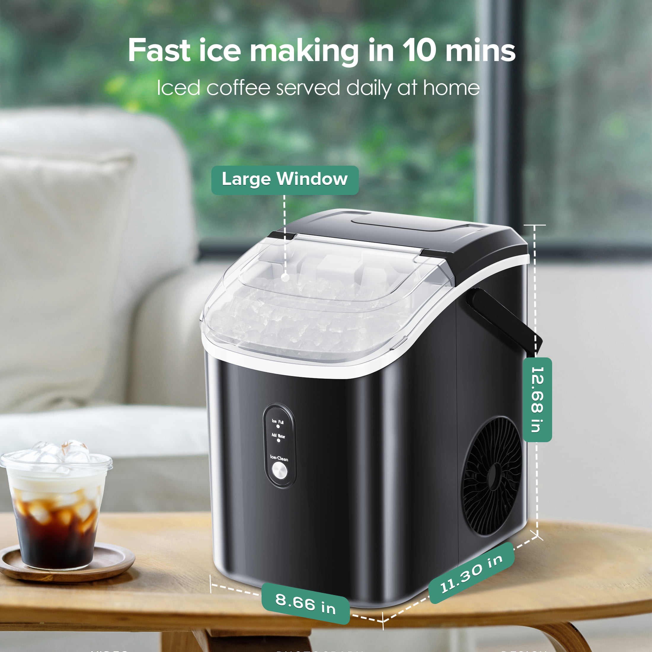 Fabricador de hielo portátil de cubitos/pepitas de hielo de 34 libras al día para encimera o portátil (Negro) Z580022