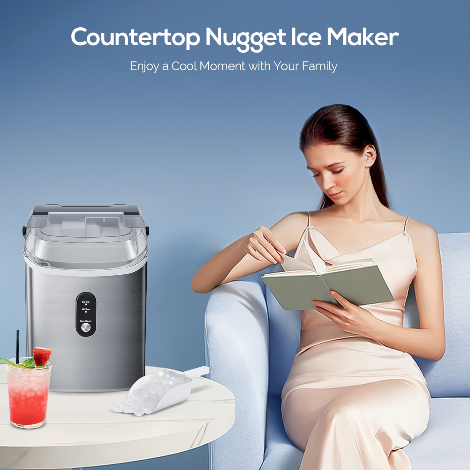 Fabricador de hielo de pepita/pedazos de hielo de 34 libras por día para encimera o portátil (acero inoxidable plateado) Z580016
