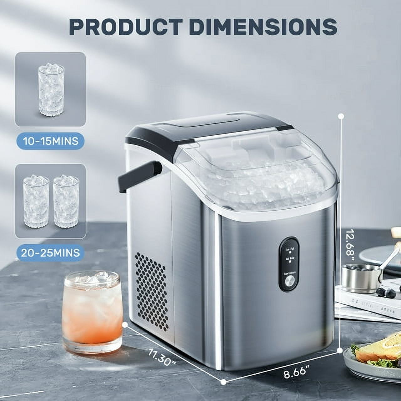 Fabricador de hielo de pepita/pedazos de hielo de 34 libras por día para encimera o portátil (acero inoxidable plateado) Z580016