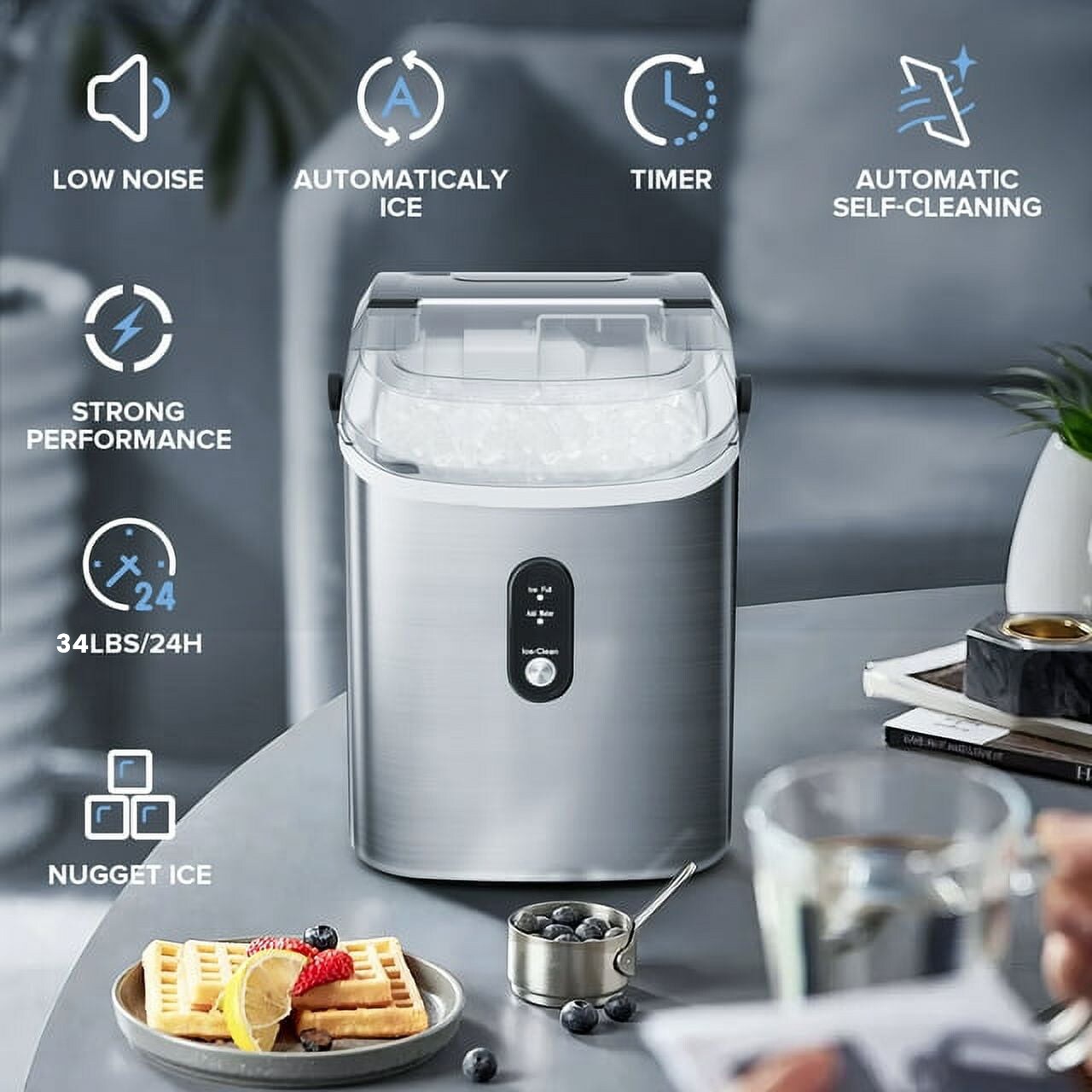 Fabricador de hielo de pepita/pedazos de hielo de 34 libras por día para encimera o portátil (acero inoxidable plateado) Z580016