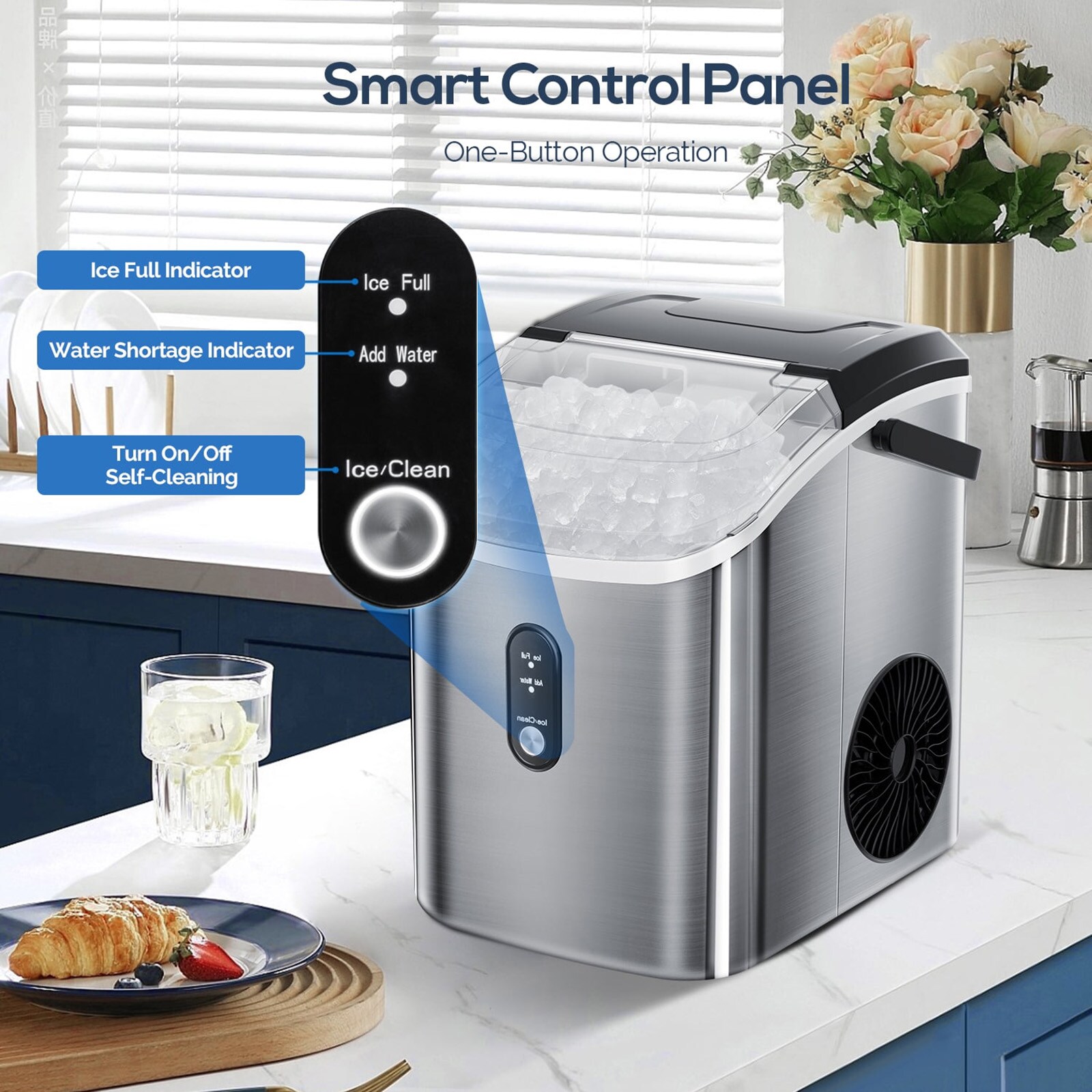 Fabricador de hielo de pepita/pedazos de hielo de 34 libras por día para encimera o portátil (acero inoxidable plateado) Z580016