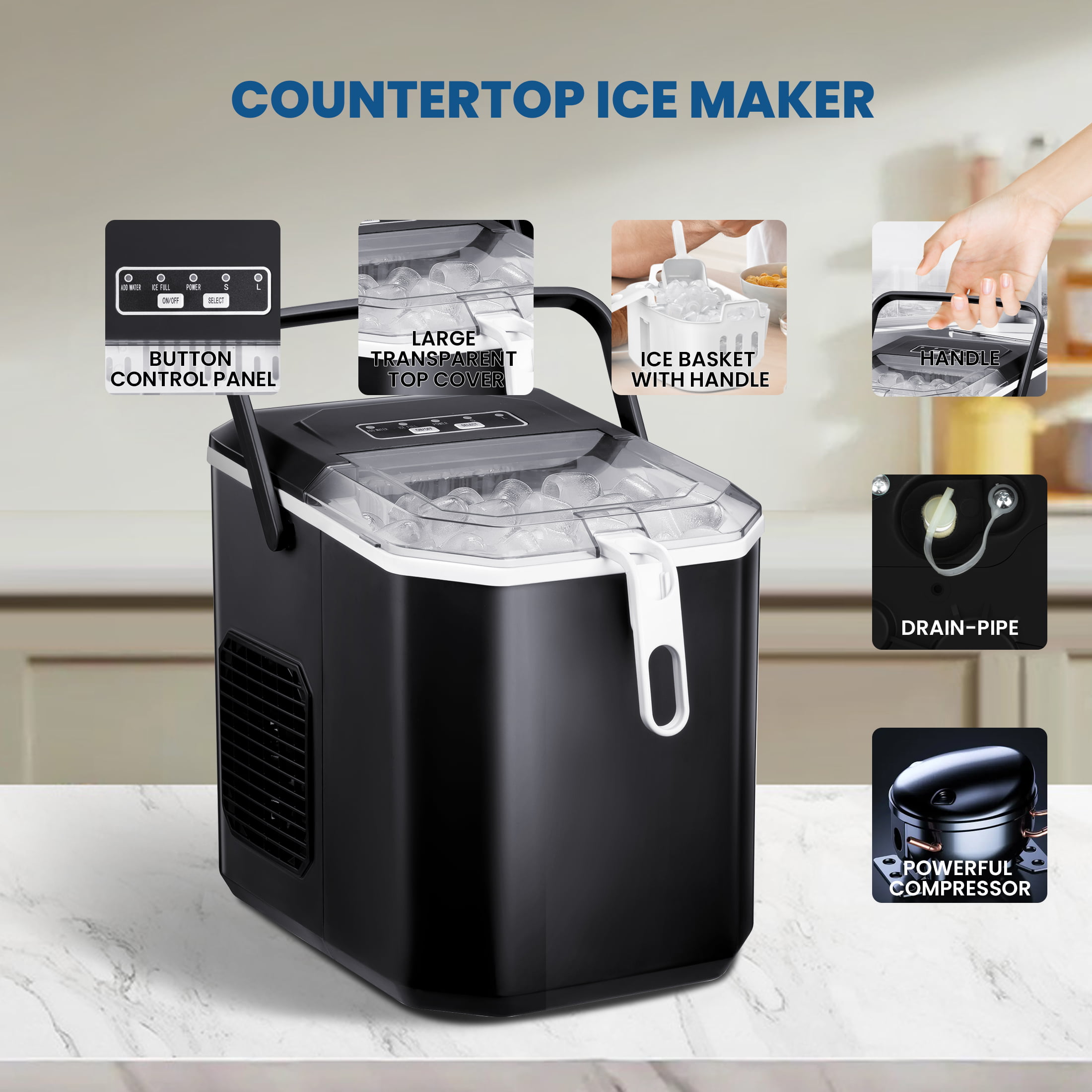 Fabricador de Hielo en forma de Bala para Mostrador o Portátil que Produce 26 Libras de Hielo al Día (Negro) Z5822G-NEGRO