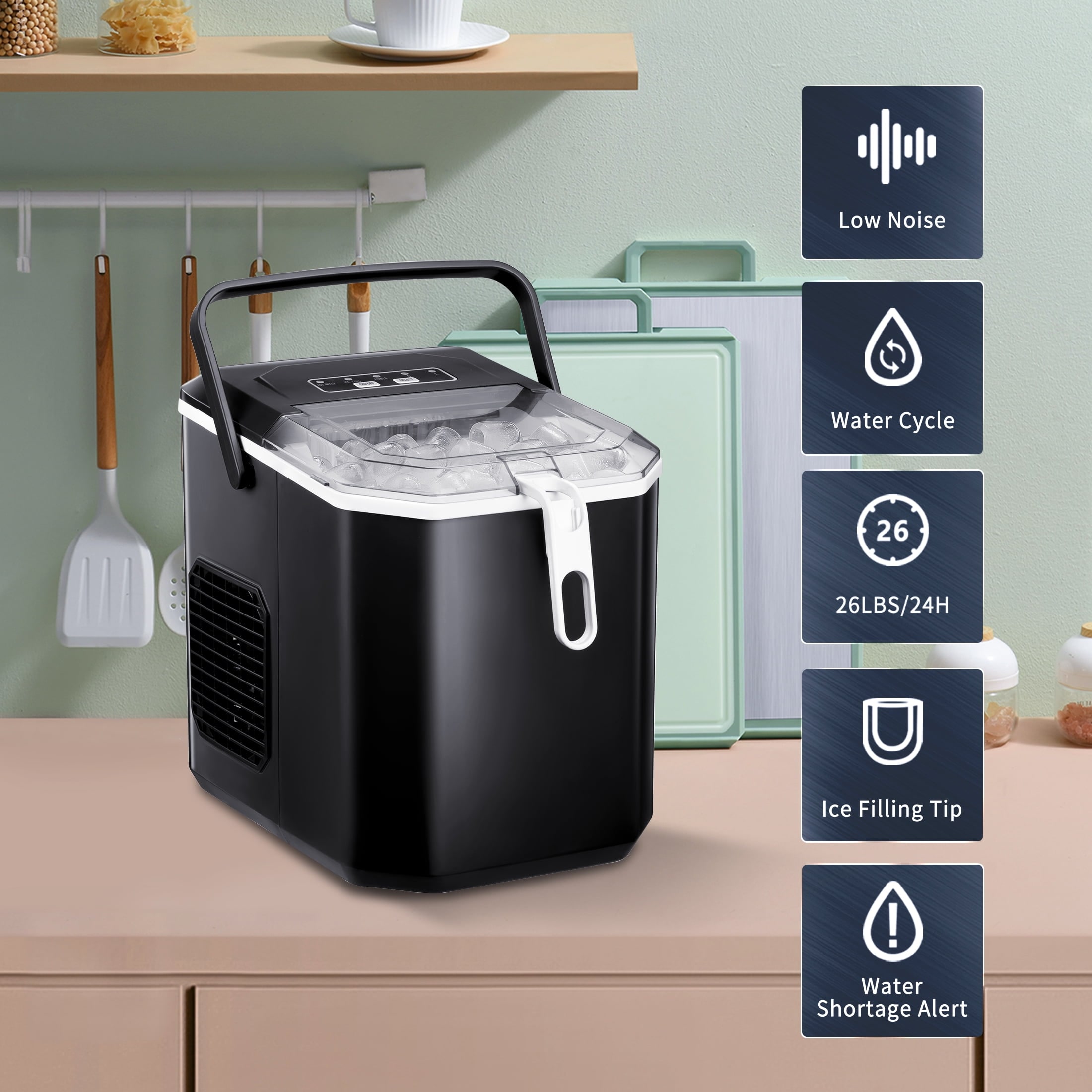 Fabricador de Hielo en forma de Bala para Mostrador o Portátil que Produce 26 Libras de Hielo al Día (Negro) Z5822G-NEGRO