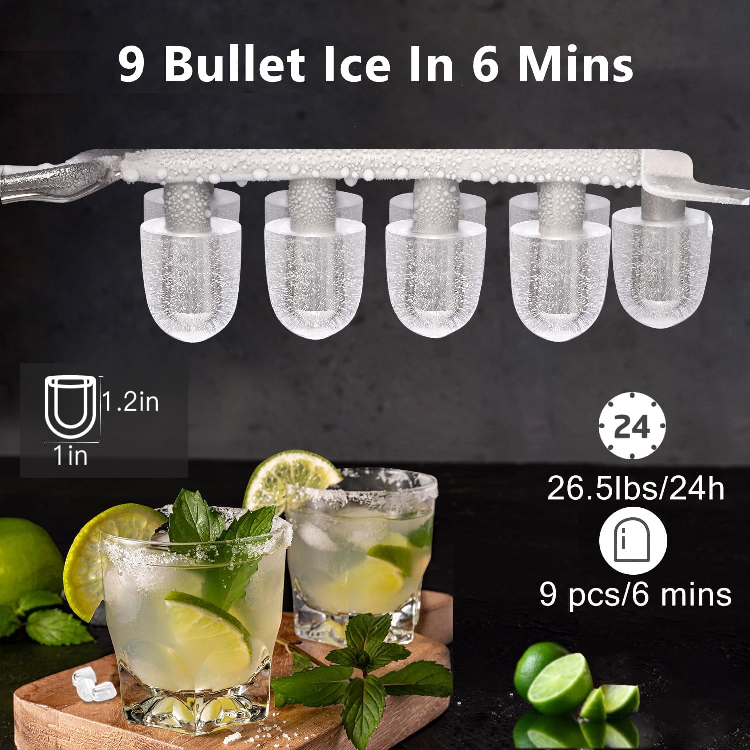 Máquina de hacer hielo tipo bala de mostrador portátil COWSAR de acero inoxidable que produce 26 libras de hielo al día (Negro) Z5812H-NEGRO.