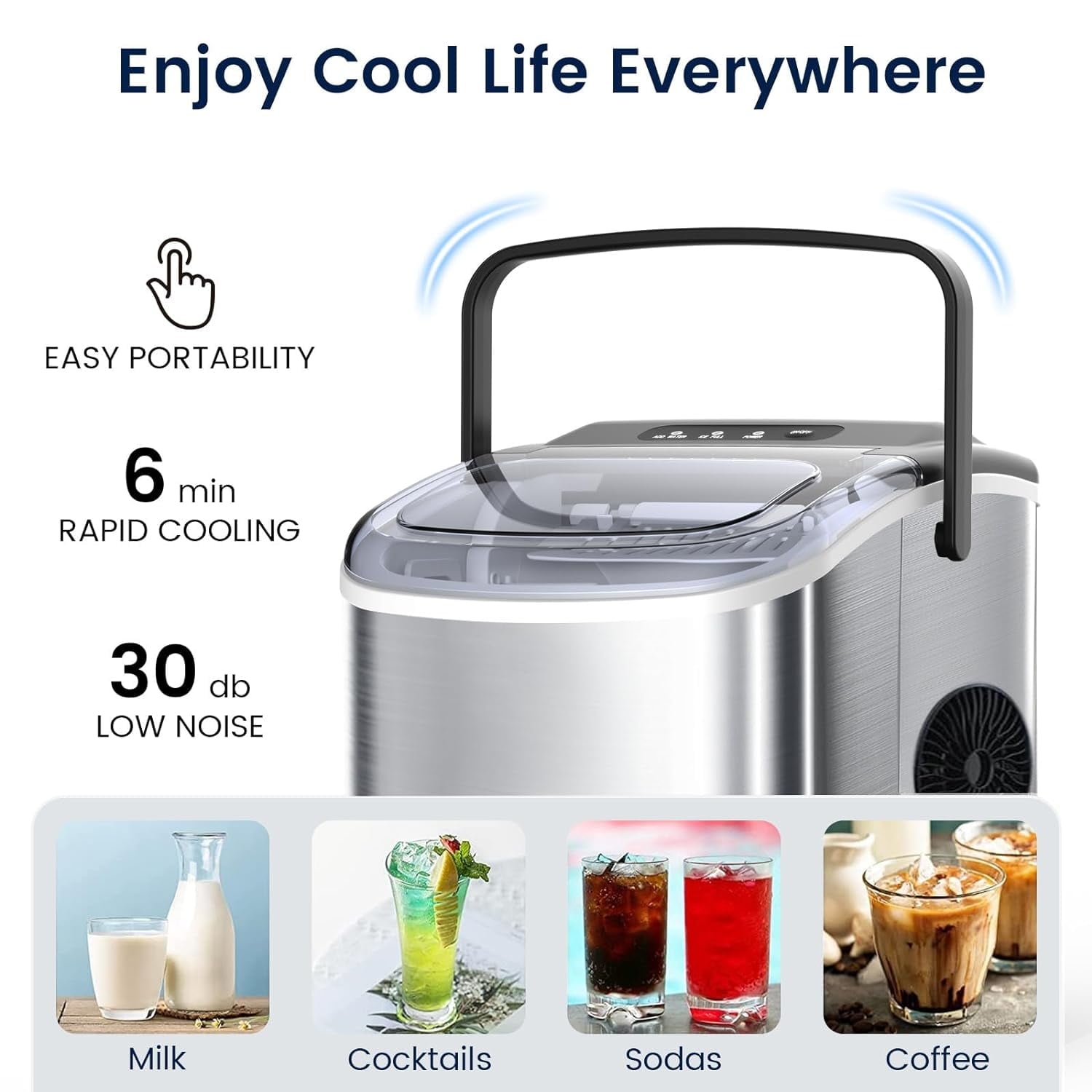 Máquina de hacer hielo tipo bala de mostrador portátil COWSAR de acero inoxidable que produce 26 libras de hielo al día (Negro) Z5812H-NEGRO.